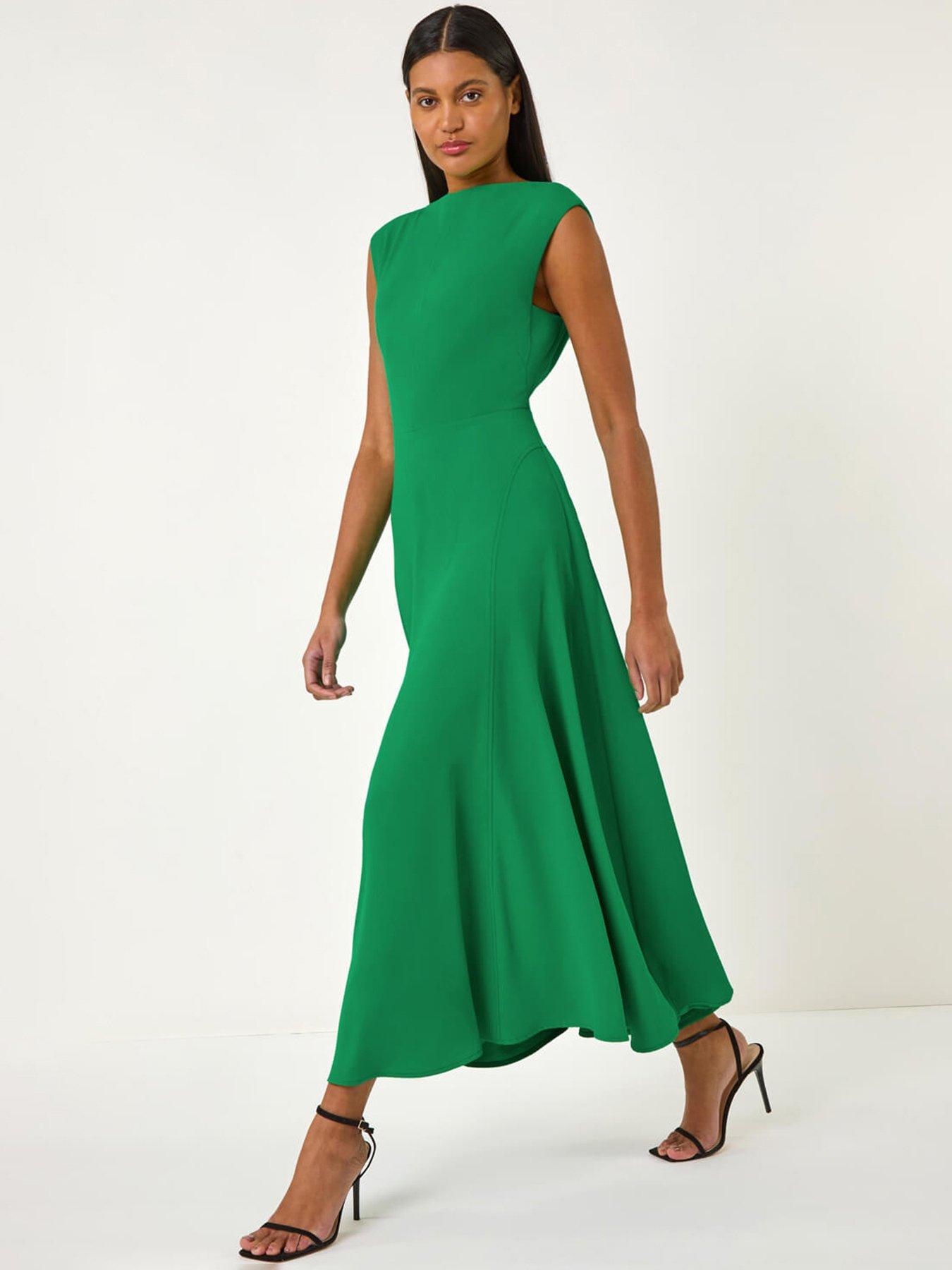Roman High Neck Pleated Midi Dress - Green