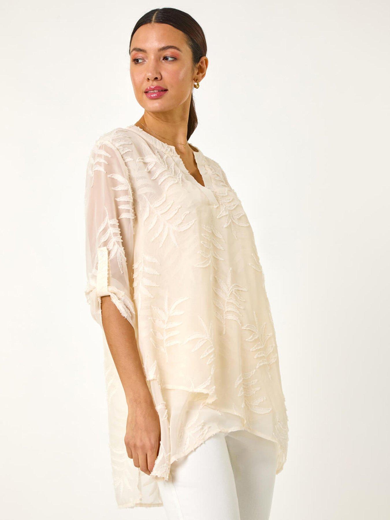 Image 1 of 5 of Roman Leaf Print Burnout Wrap Tunic Top - White