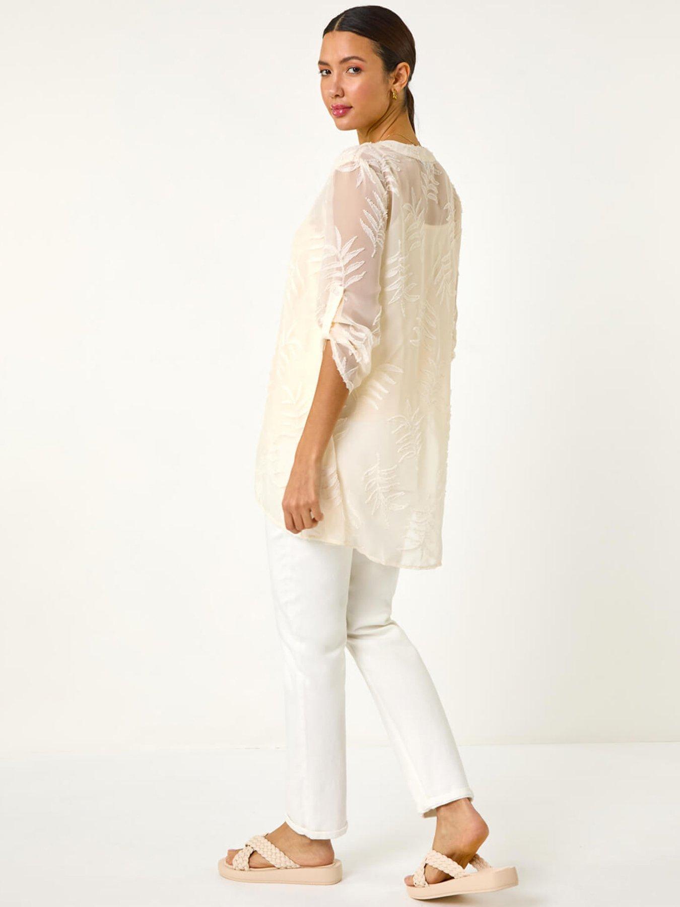Image 2 of 5 of Roman Leaf Print Burnout Wrap Tunic Top - White