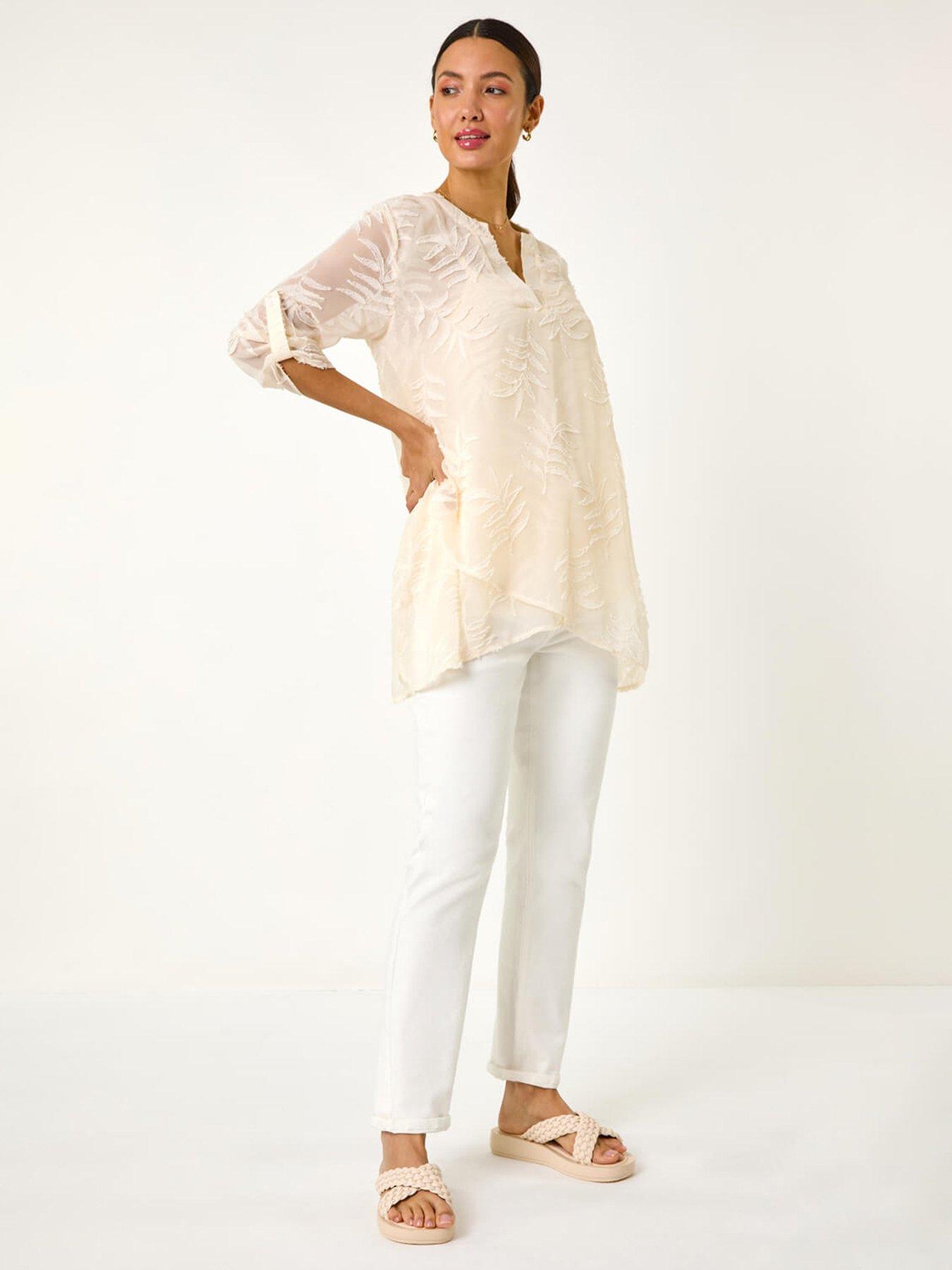 Image 3 of 5 of Roman Leaf Print Burnout Wrap Tunic Top - White