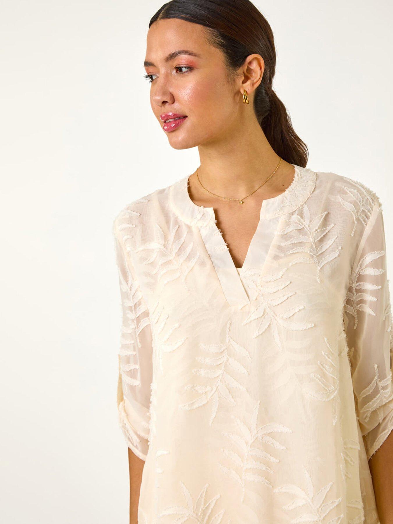 Image 4 of 5 of Roman Leaf Print Burnout Wrap Tunic Top - White