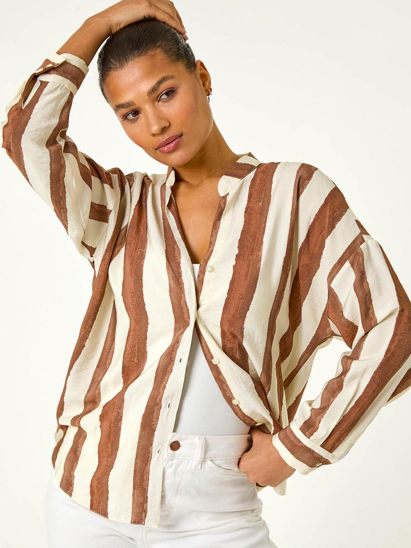  image of roman-stripe-print-relaxed-button-shirt-brown