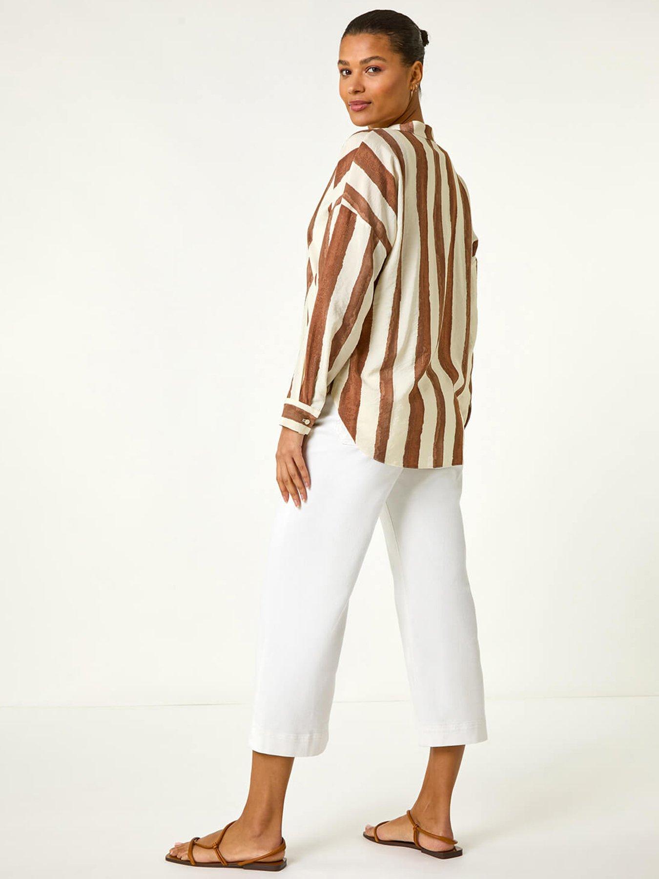  image of roman-stripe-print-relaxed-button-shirt-brown