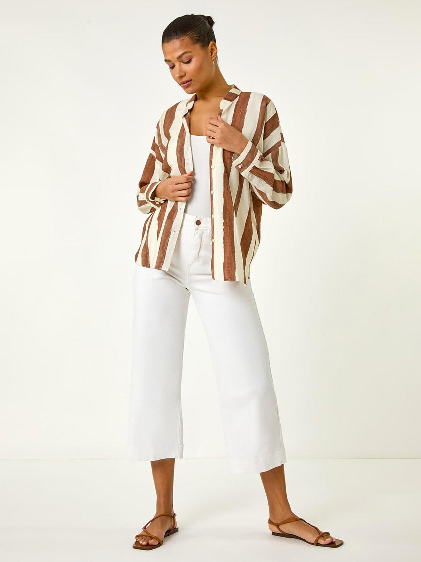  image of roman-stripe-print-relaxed-button-shirt-brown