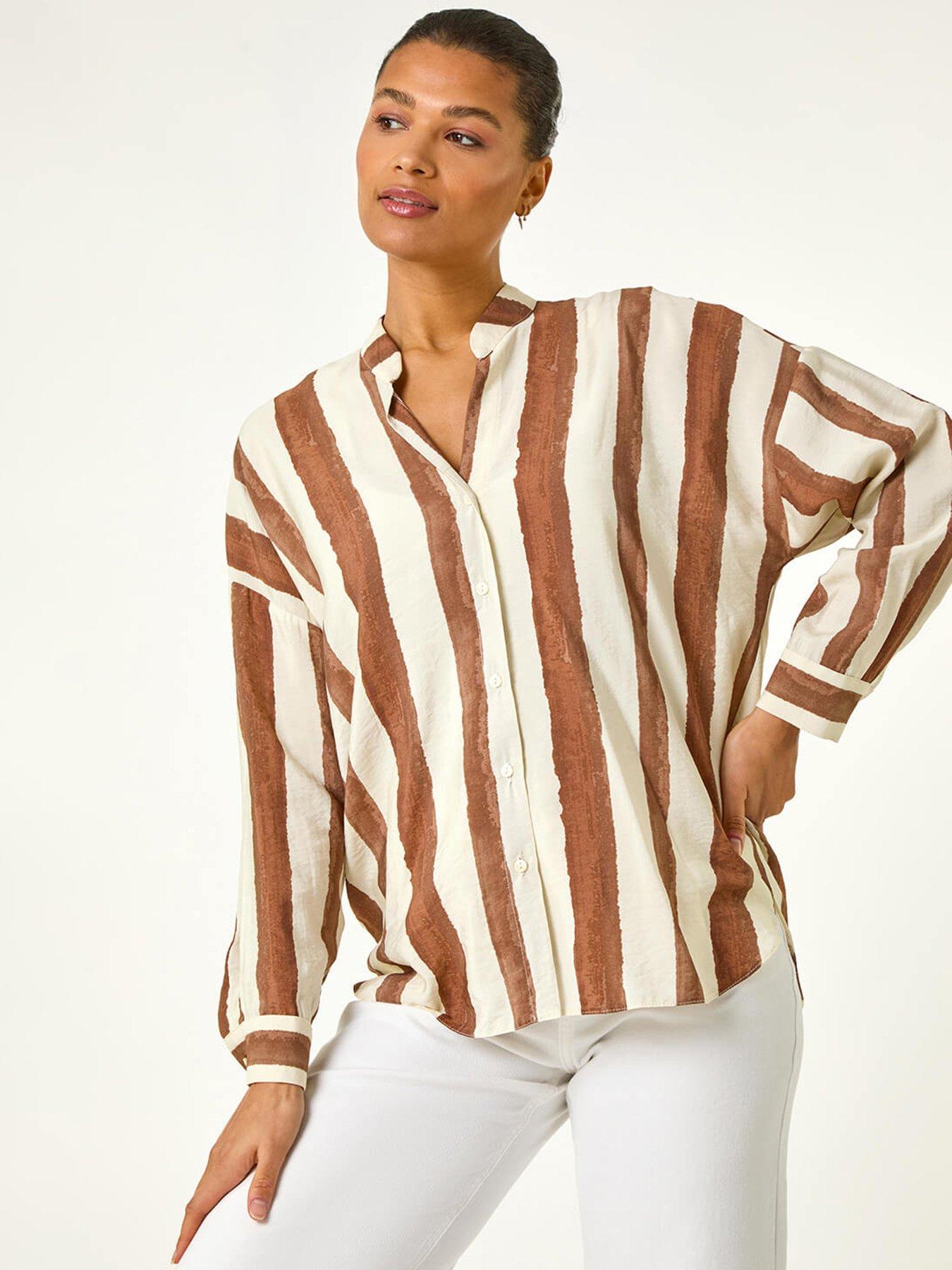  image of roman-stripe-print-relaxed-button-shirt-brown
