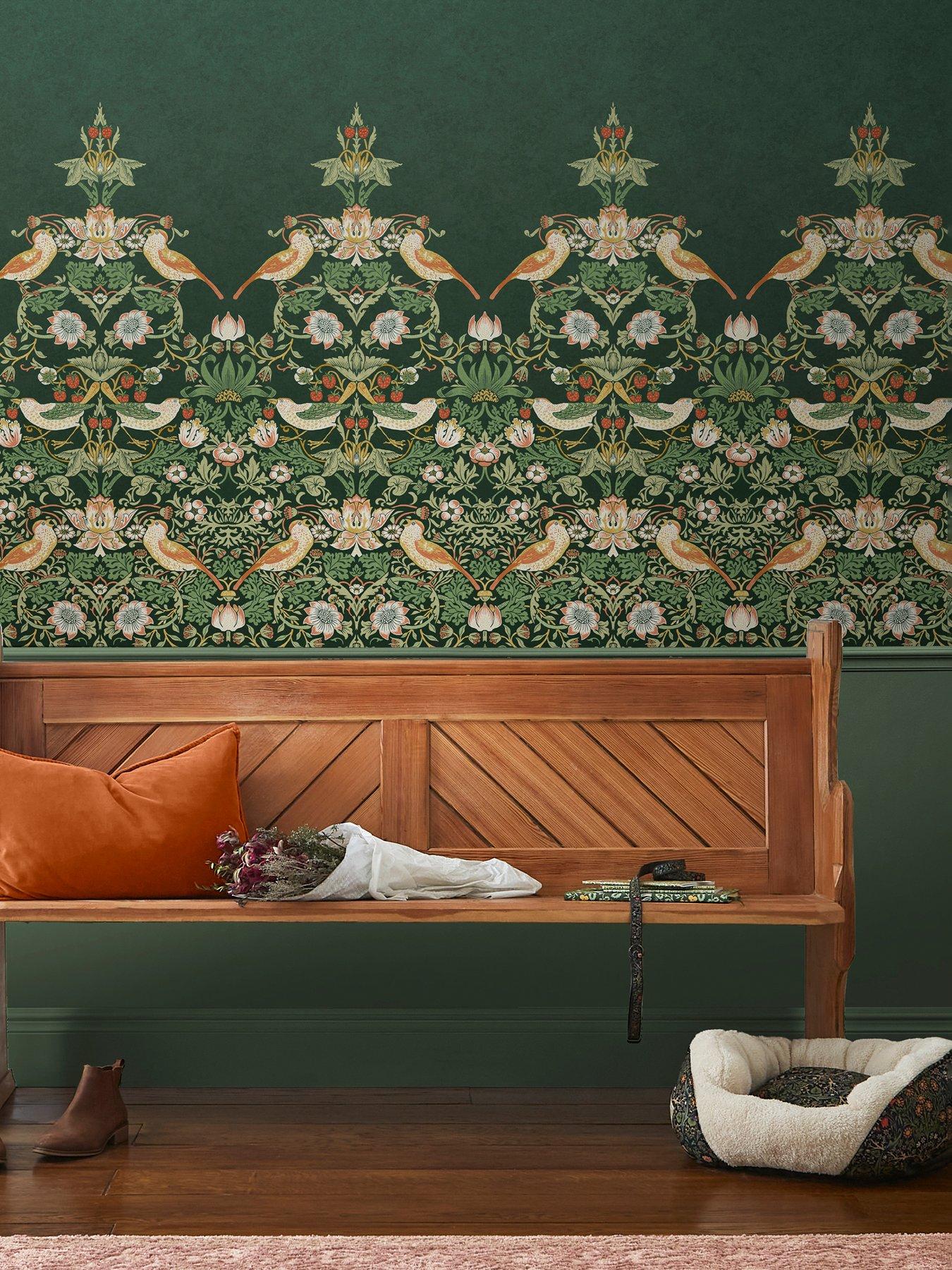  image of william-morris-at-home-william-morris-strawberry-thief-green-fixed-size-mural-wallpaper