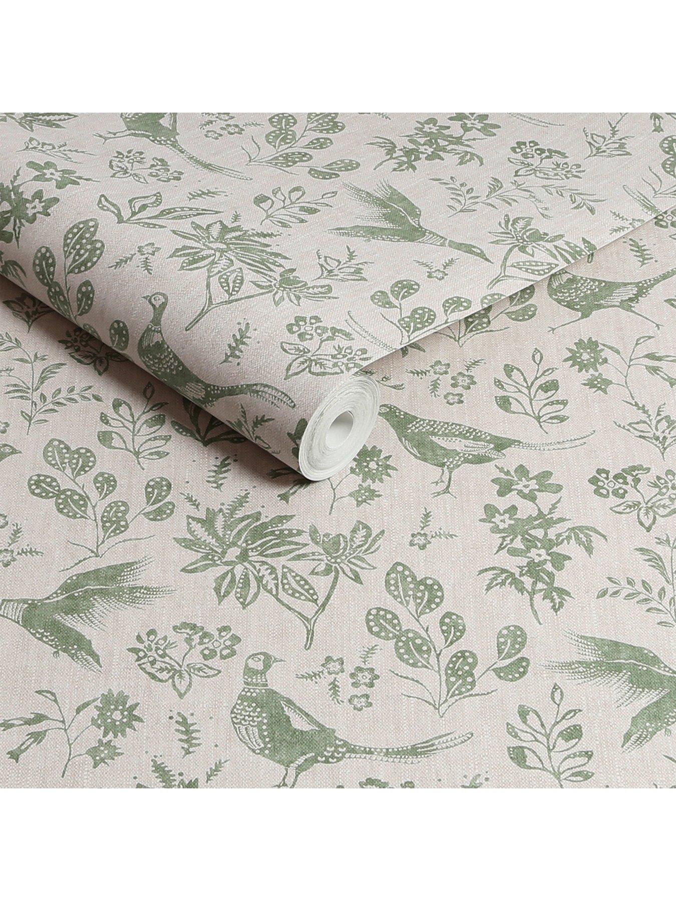  image of joules-pheasant-print-linengreen-wallpaper