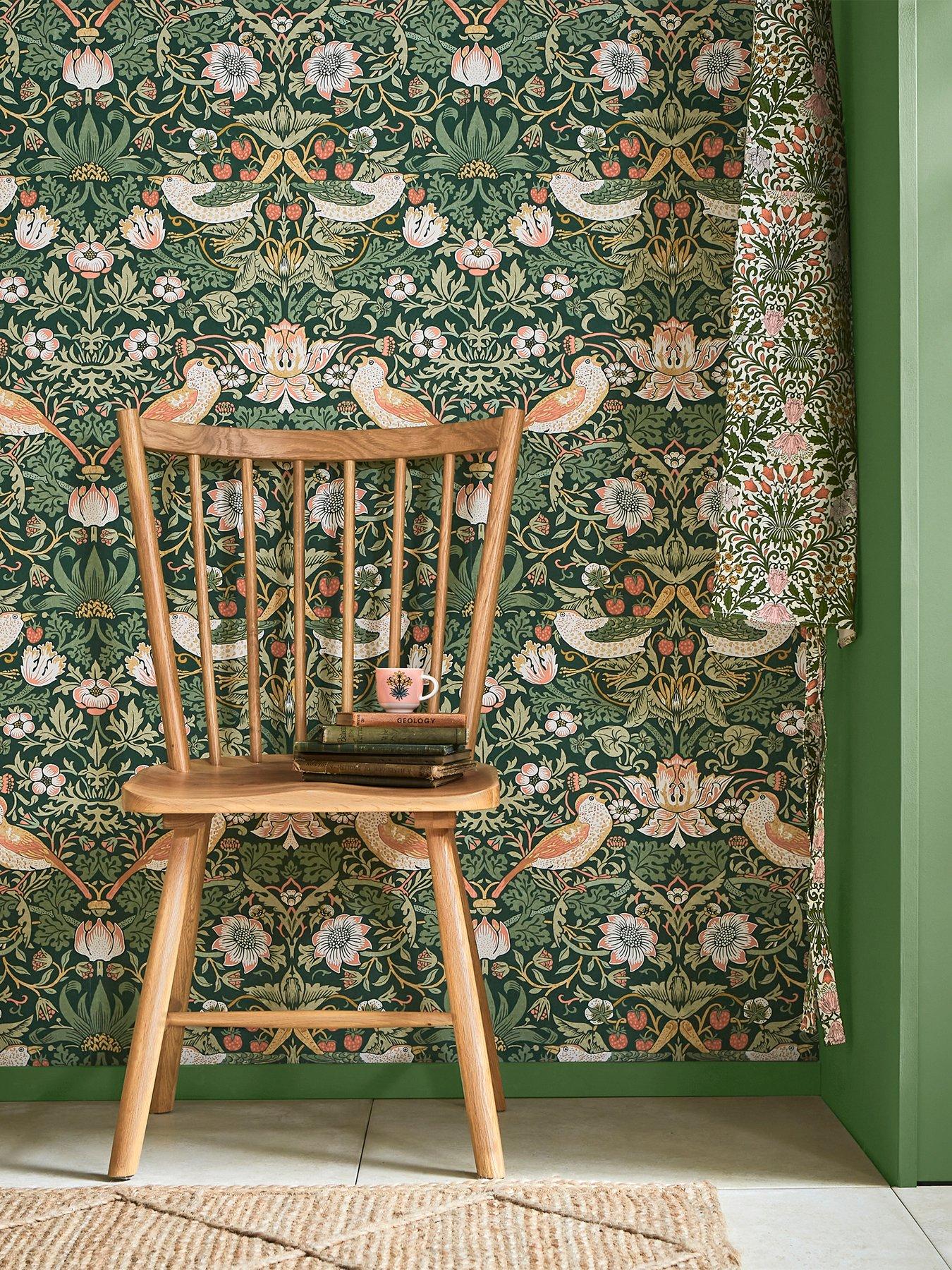 William Morris at Home Strawberry Thief Wallpaper in Rich Green