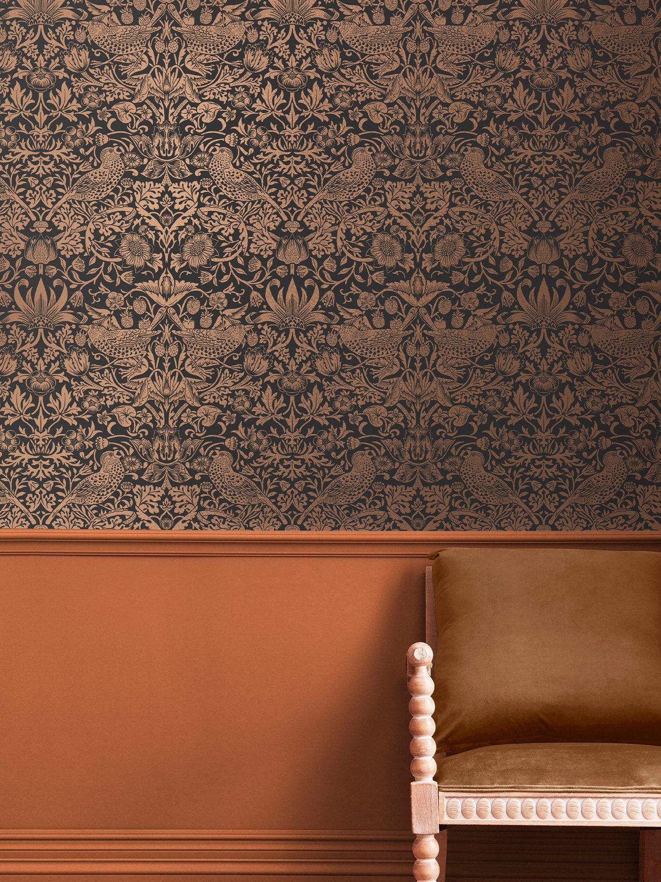 William Morris at Home Strawberry Thief Wallpaper - Fibrous Charcoal
