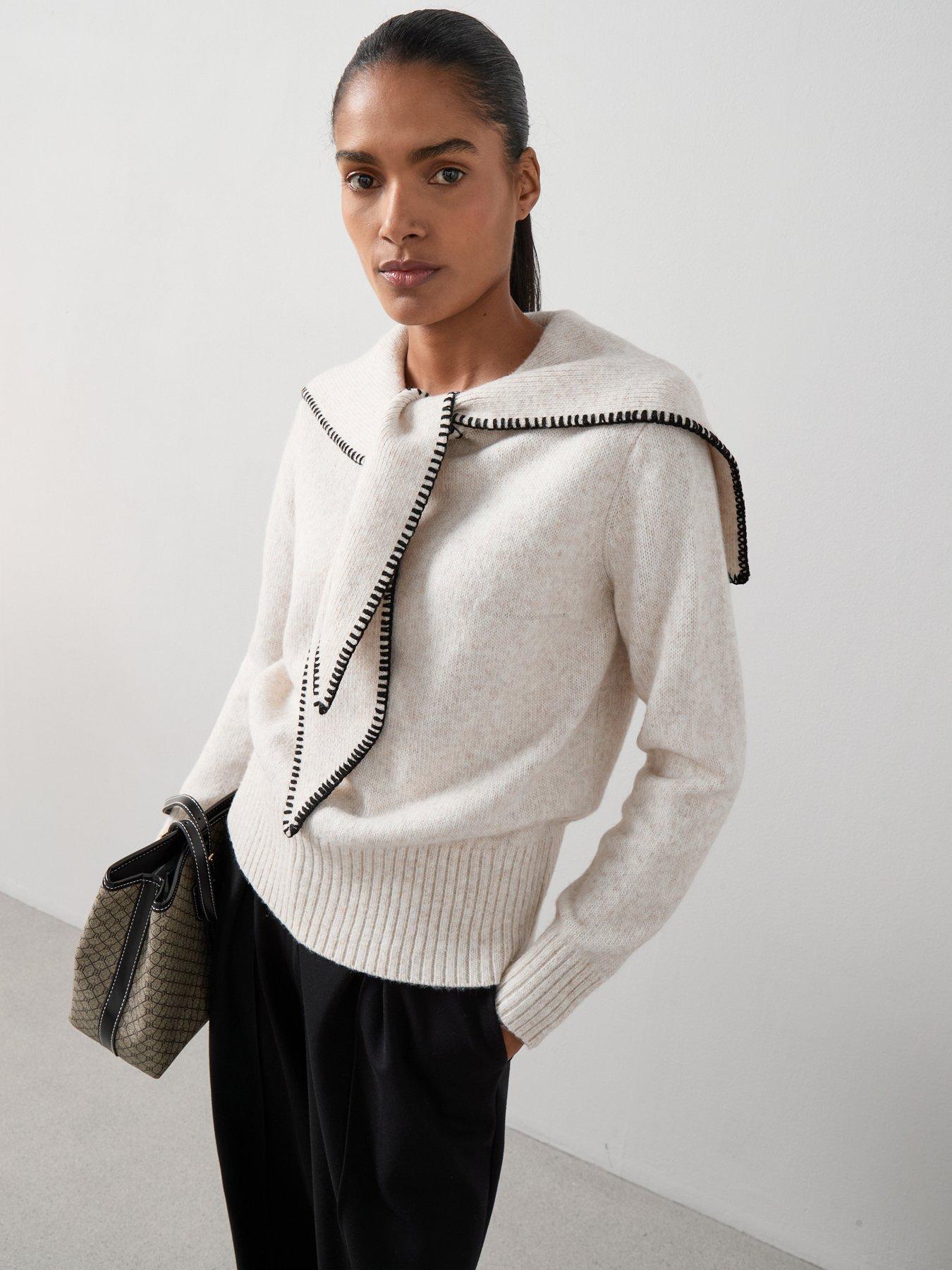 Image 1 of 6 of The Very Collection Timeless Yarn Blanket Stitch Scarf Detail Knitted Jumper - Beige