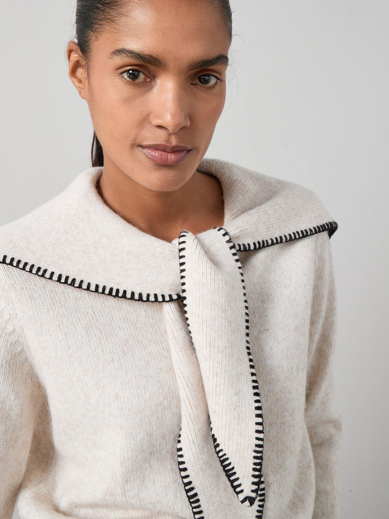Image 4 of 6 of The Very Collection Timeless Yarn Blanket Stitch Scarf Detail Knitted Jumper - Beige