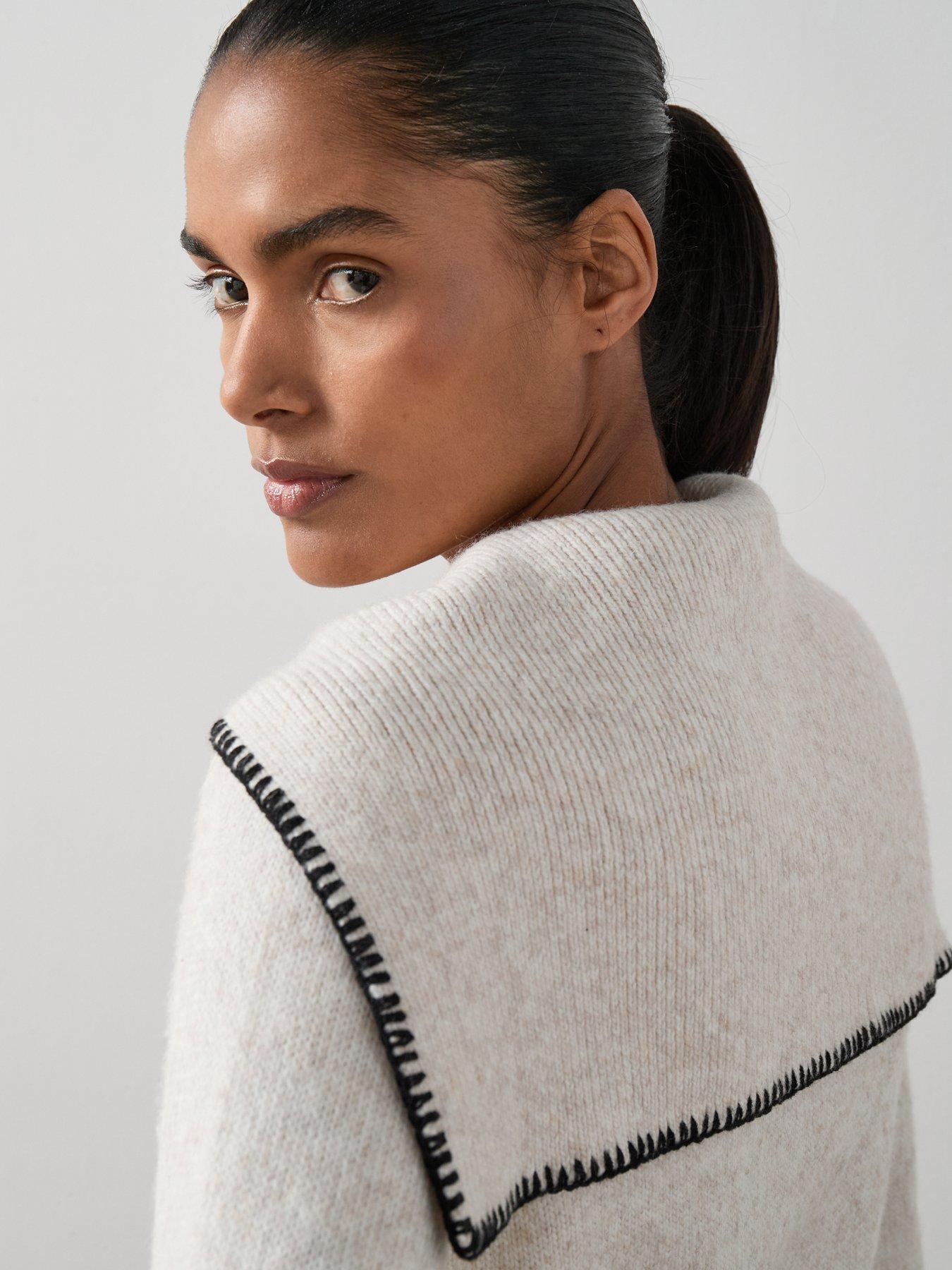 Image 5 of 6 of The Very Collection Timeless Yarn Blanket Stitch Scarf Detail Knitted Jumper - Beige