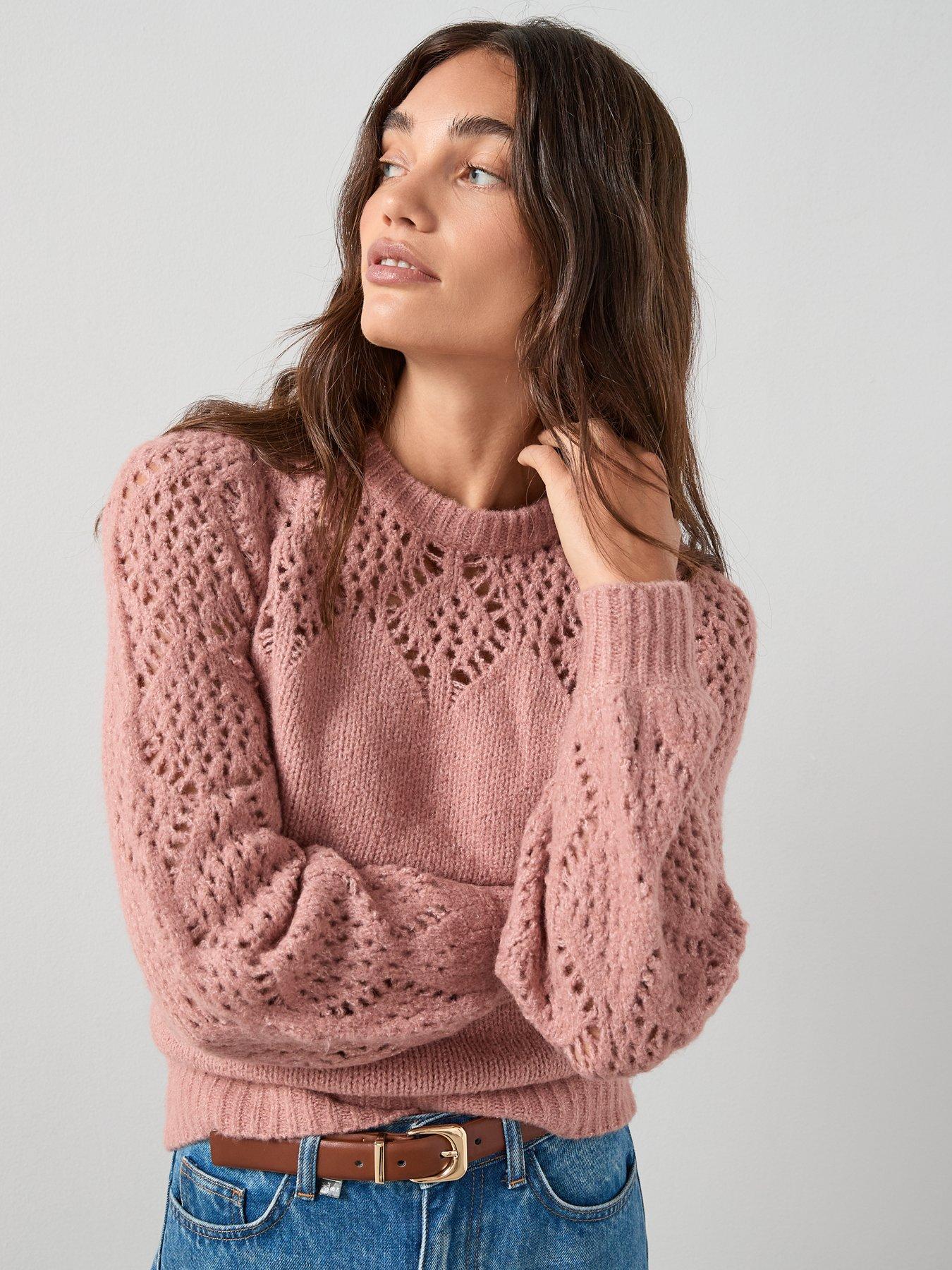 undefined Crew Neck Open Stitch Long Sleeve Jumper - Pink