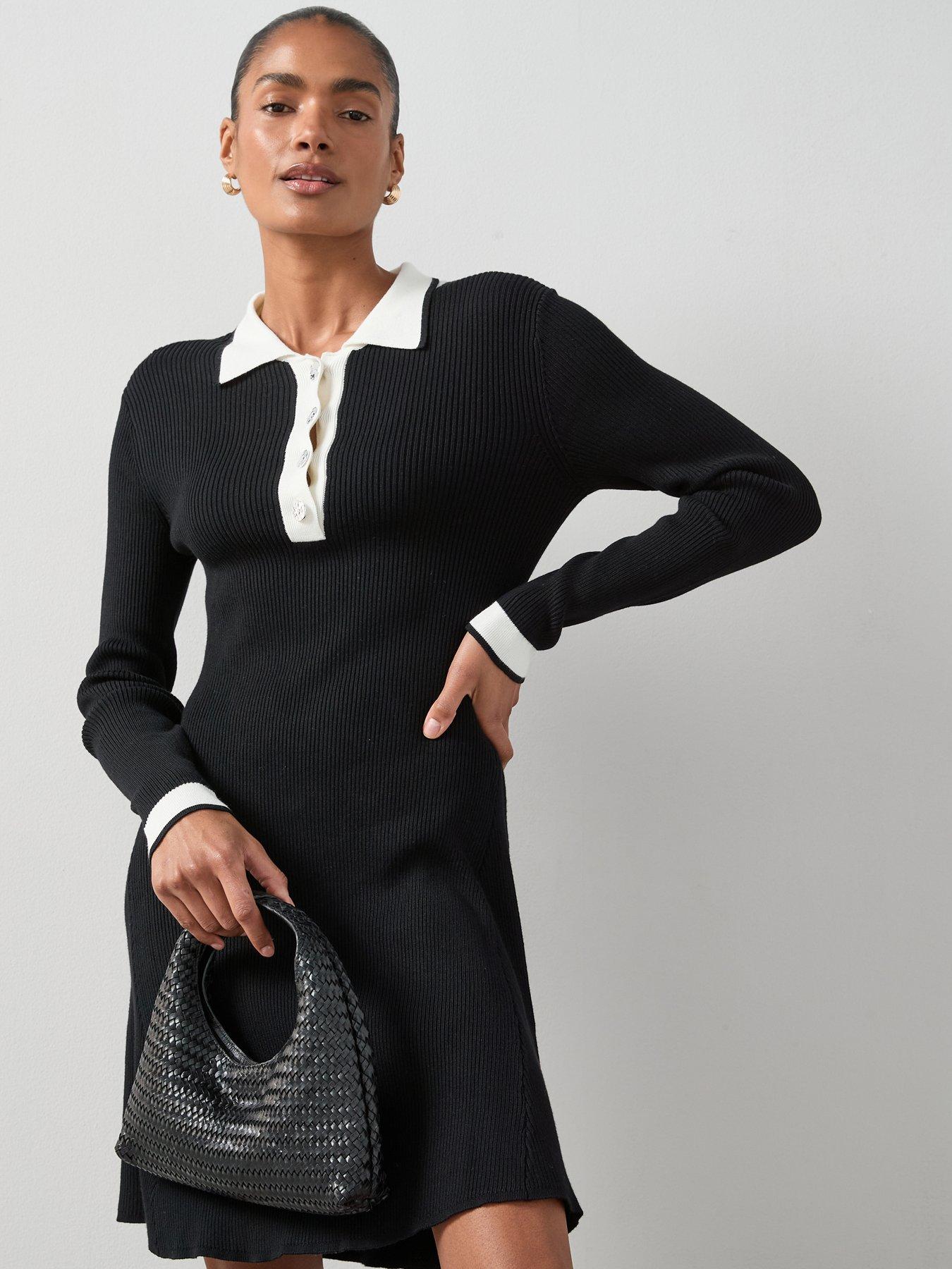 Image 1 of 6 of The Very Collection Collared Neck Contrast Button Down Mini Dress - Black