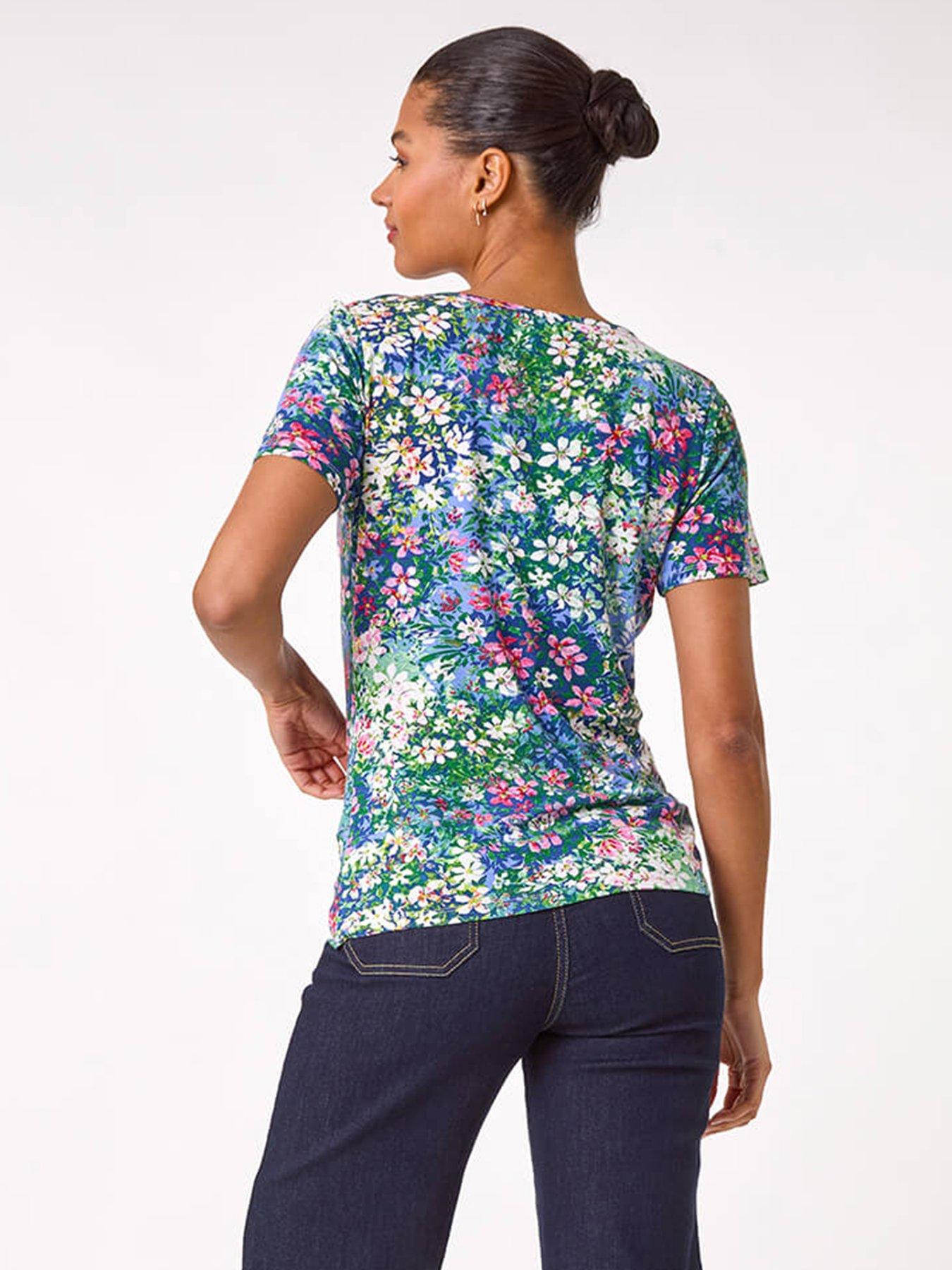  image of roman-floral-print-cowl-neck-stretch-top-navy
