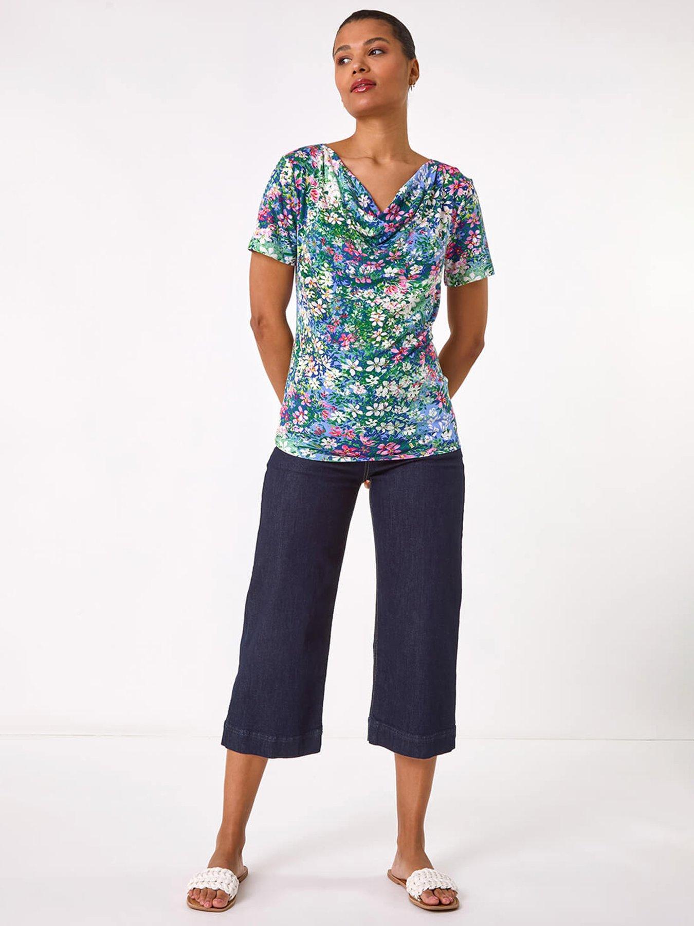  image of roman-floral-print-cowl-neck-stretch-top-navy
