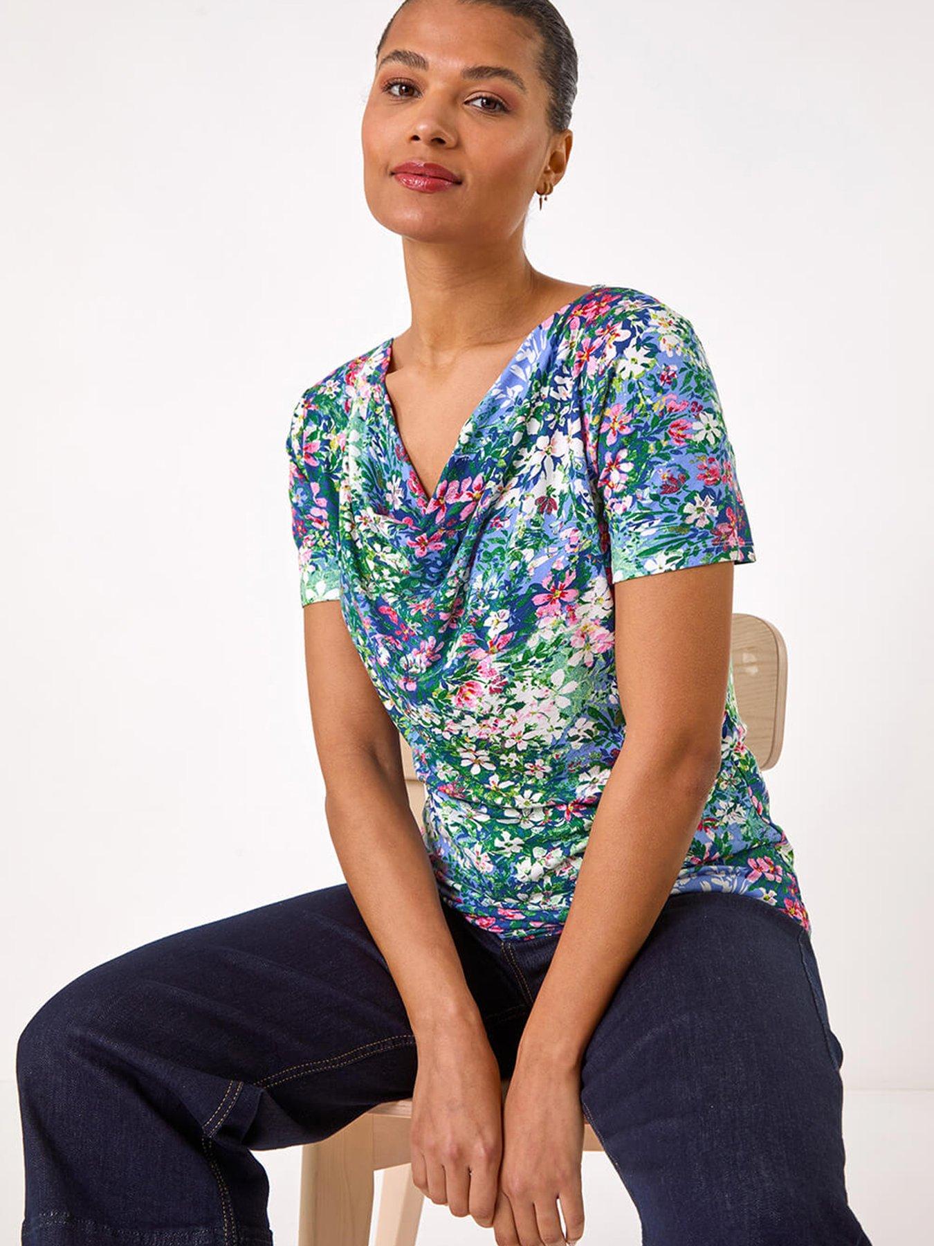  image of roman-floral-print-cowl-neck-stretch-top-navy