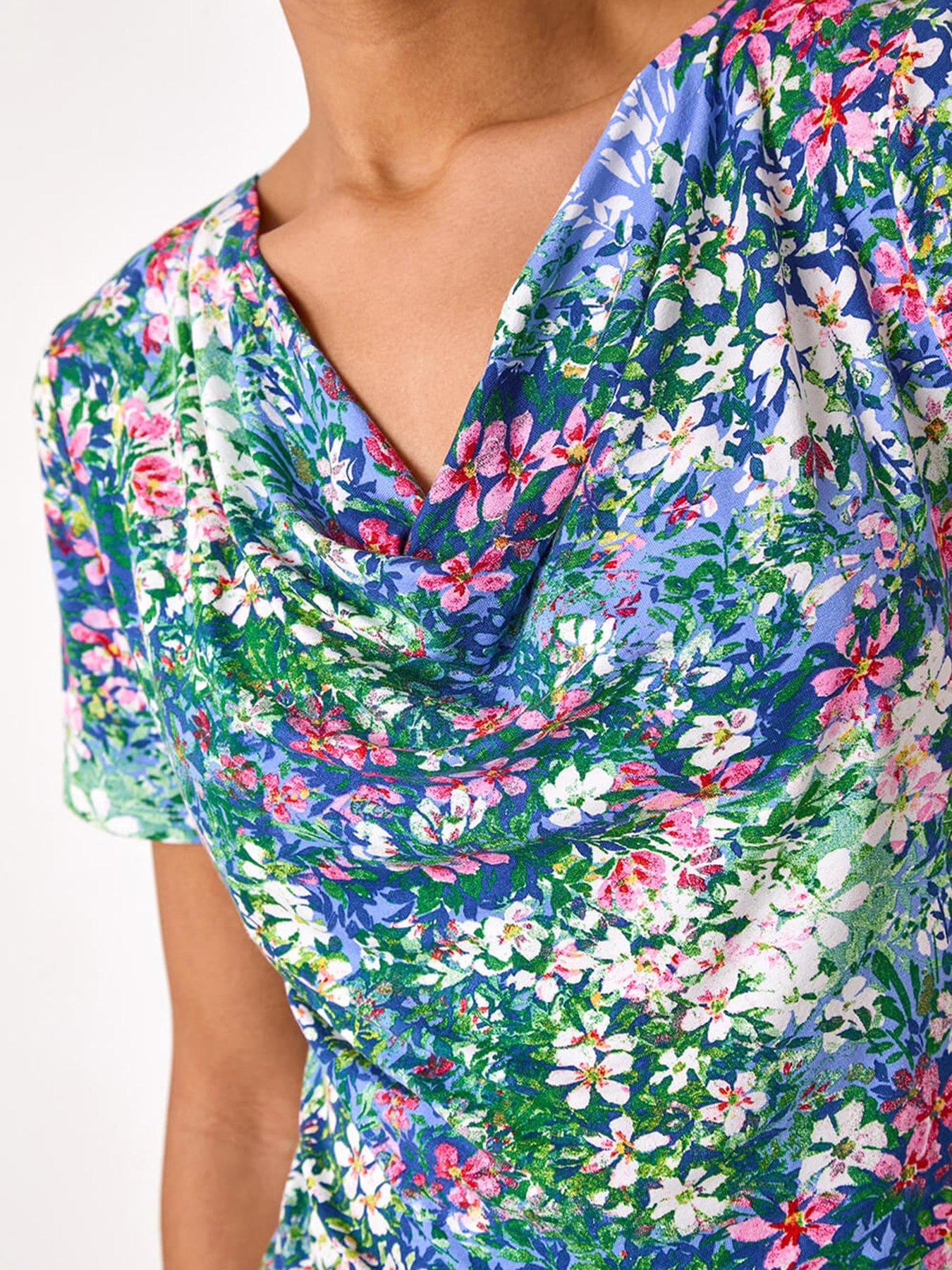  image of roman-floral-print-cowl-neck-stretch-top-navy