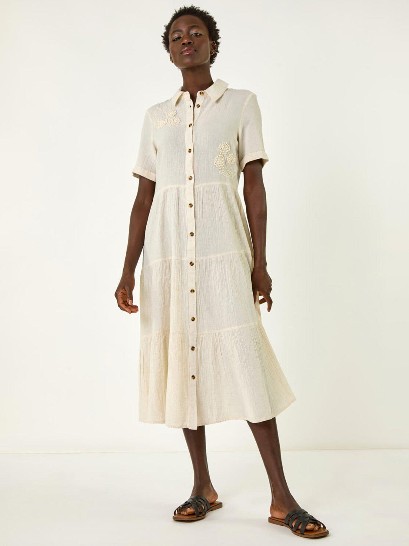 Image 1 of 5 of Roman Embroidery Detail Tiered Midi Dress -  Beige