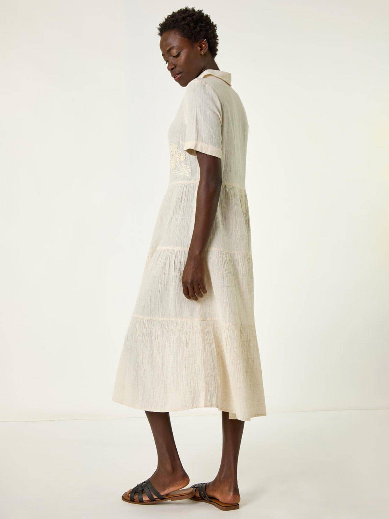Image 2 of 5 of Roman Embroidery Detail Tiered Midi Dress -  Beige