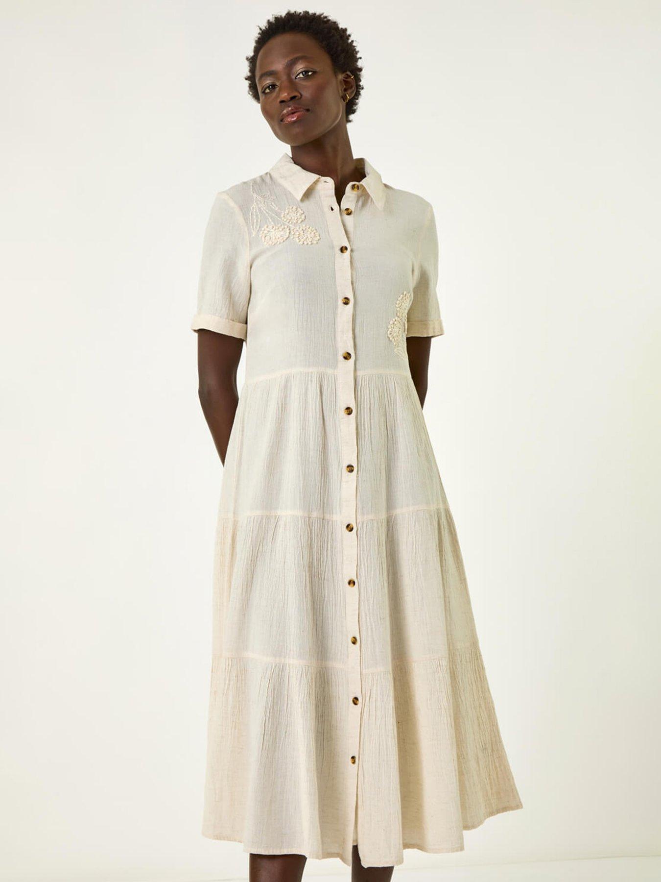 Image 4 of 5 of Roman Embroidery Detail Tiered Midi Dress -  Beige