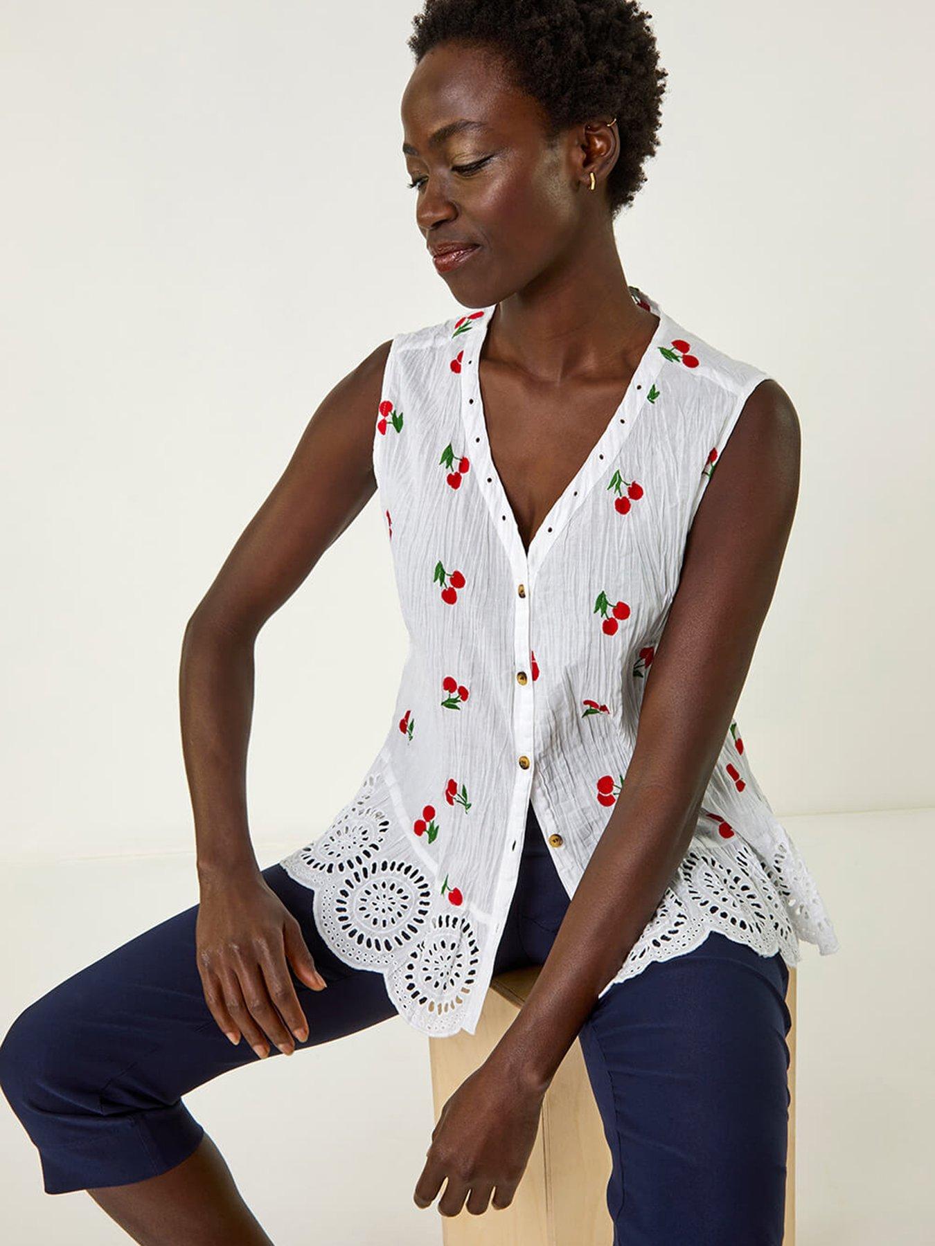 roman-cherry-print-crinkle-button-blouse-red