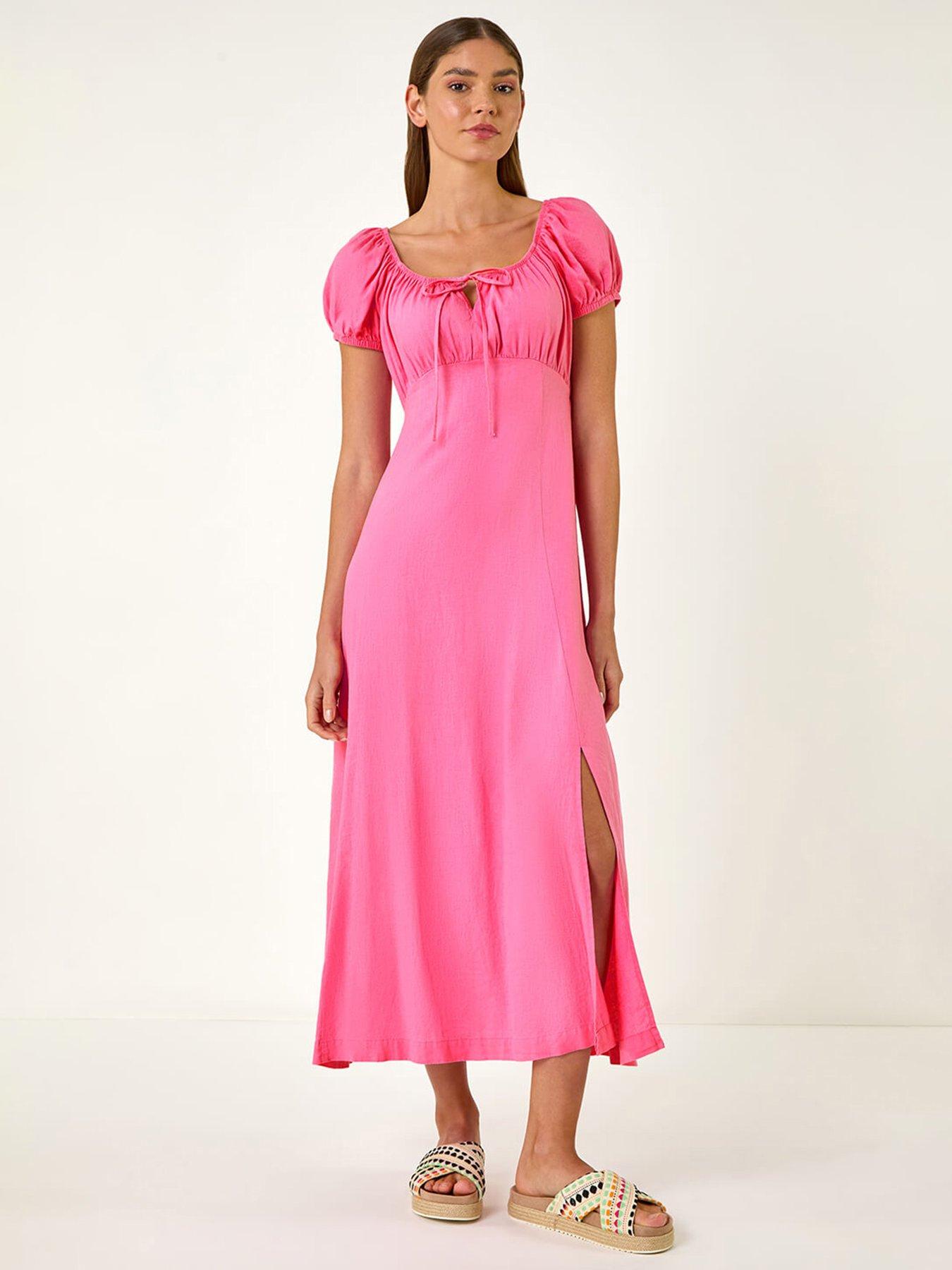 undefined Puff Sleeve Linen Mix Midi Dress -  Pink