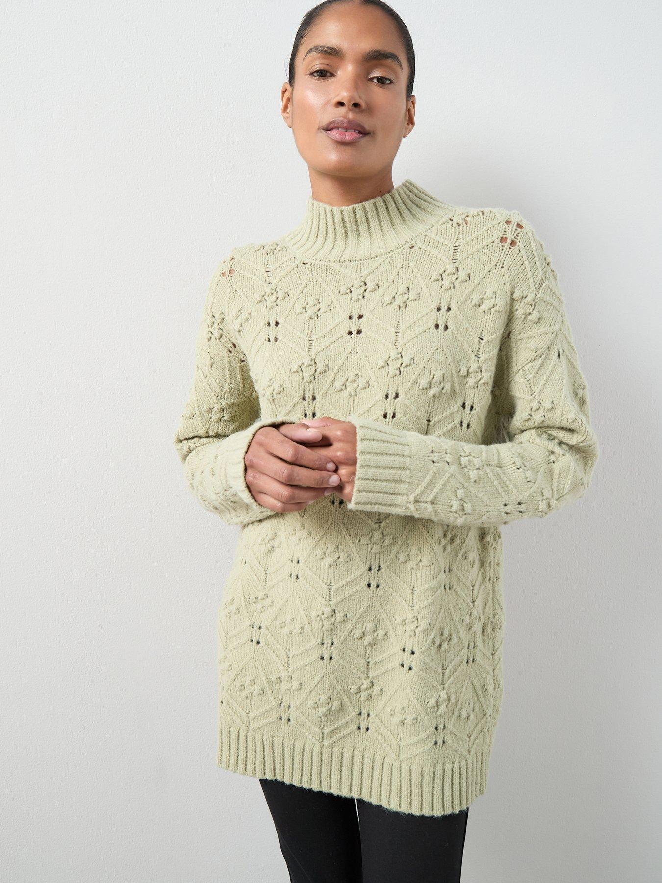 The Very Collection Funnel Neck Open Stitch Detail Longline Jumper - Sage Green