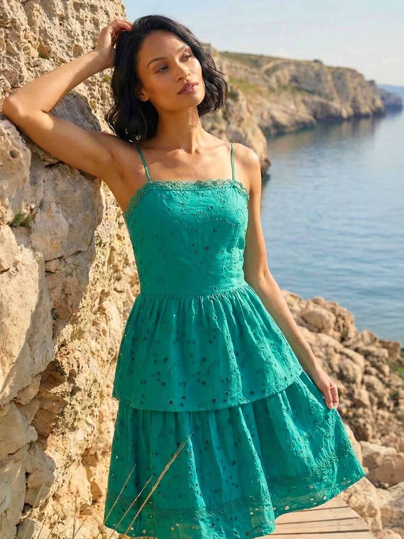 Roman Dusk Tiered Broderie Dress - Blue