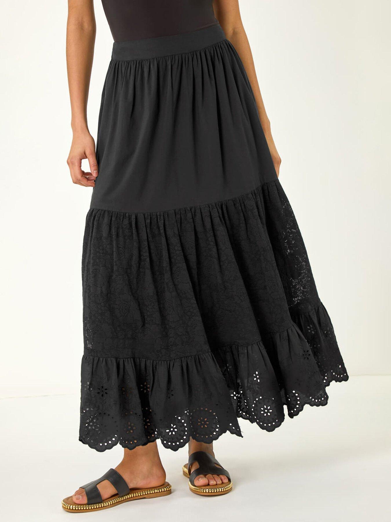 Image 1 of 5 of Roman Tiered Broderie Maxi Skirt -  Black