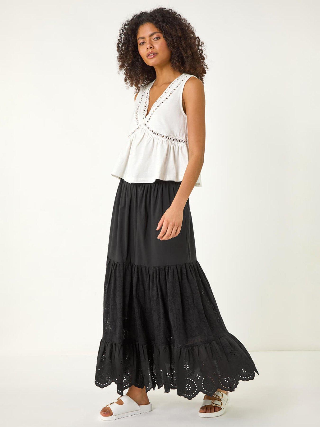 Image 3 of 5 of Roman Tiered Broderie Maxi Skirt -  Black