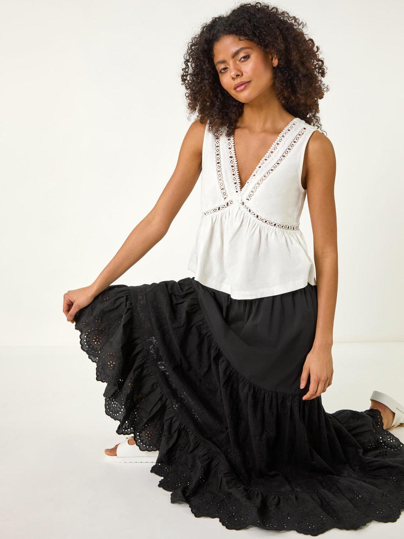 Image 4 of 5 of Roman Tiered Broderie Maxi Skirt -  Black