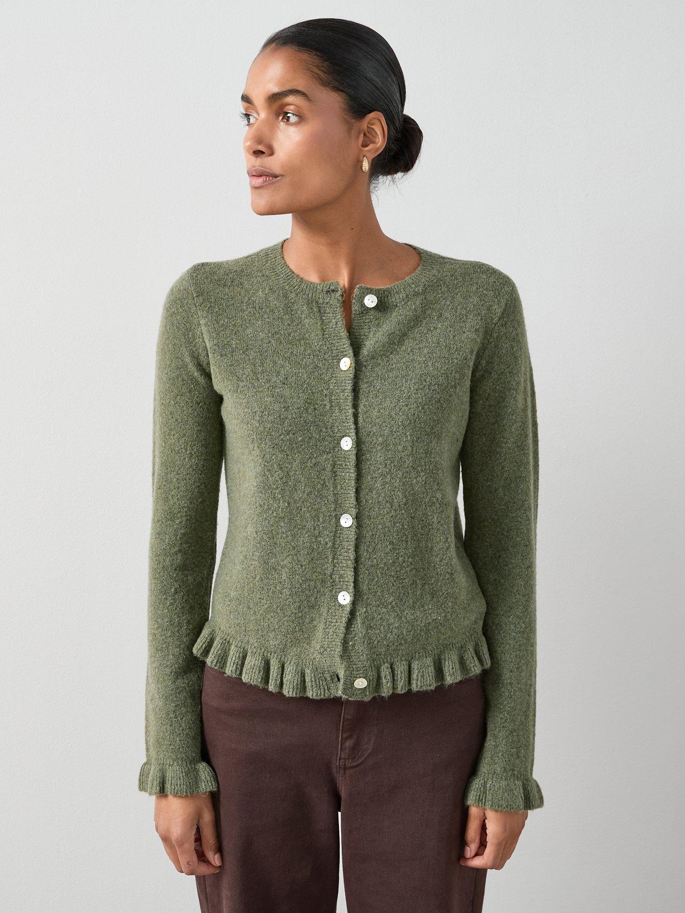 undefined Crew Neck Ruffle Hem Cardigan - Green