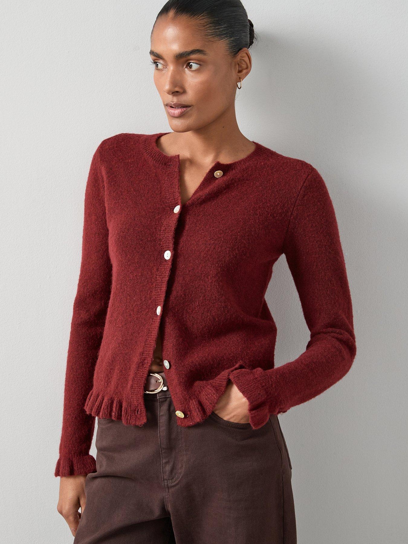 undefined Crew Neck Ruffle Hem Cardigan - Burgundy