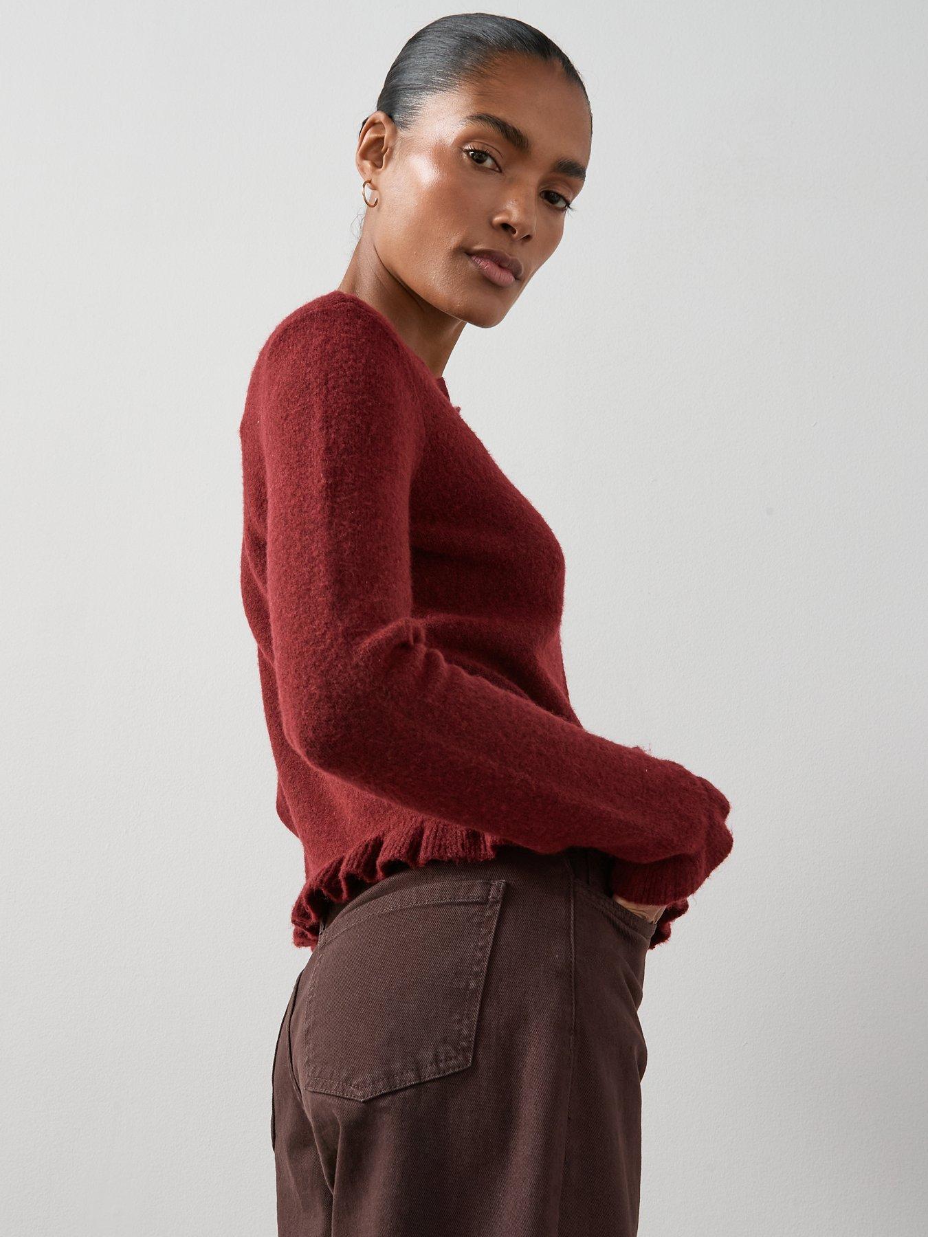 Image 6 of 6 of The Very Collection Crew Neck Ruffle Hem Cardigan - Burgundy