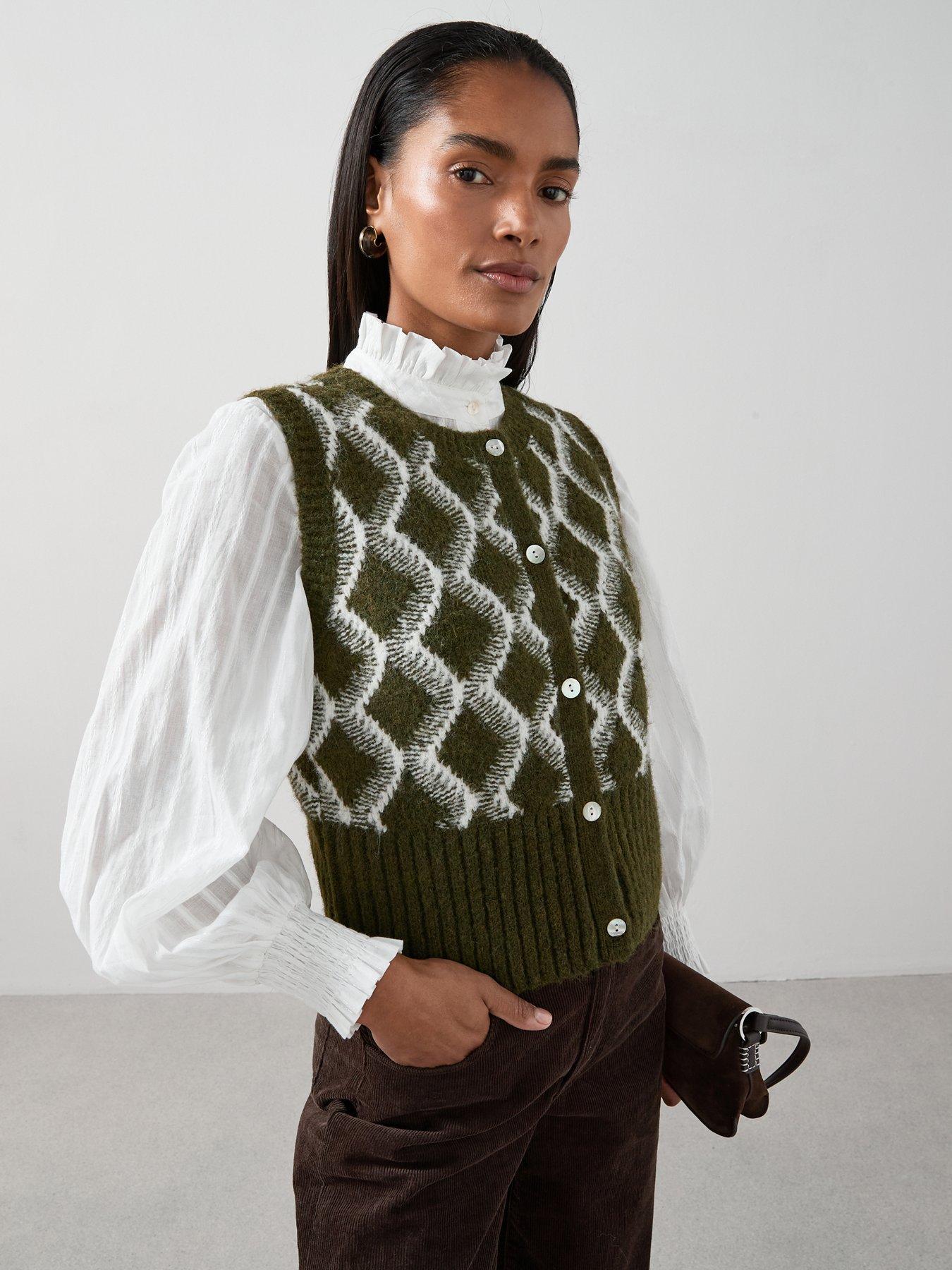 undefined Crew Neck Argyle Jacquard Knitted Tank - Green