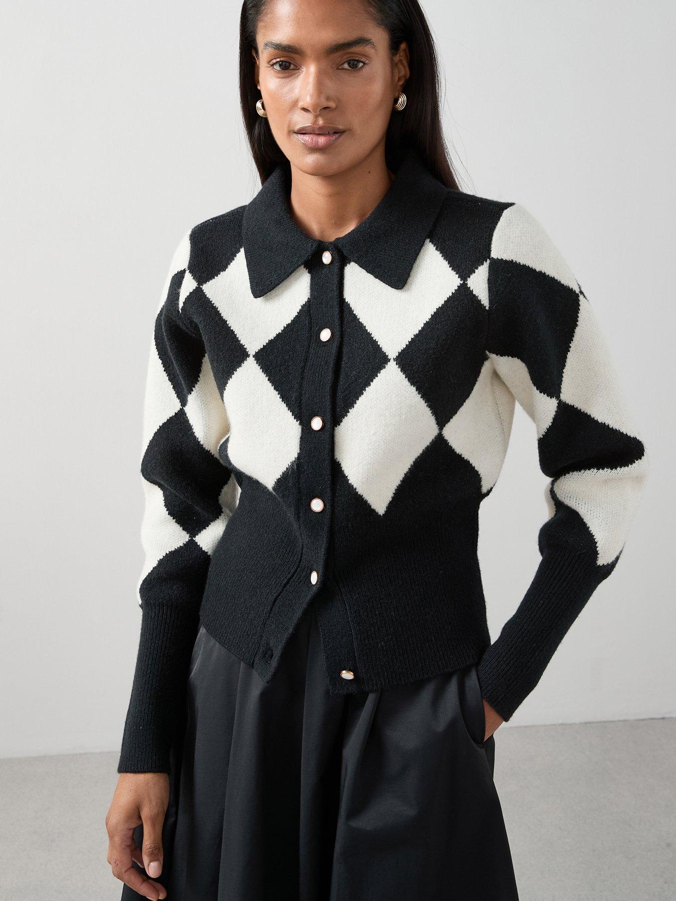 Image 1 of 6 of The Very Collection Collared Neck Argyle Cardigan - Black/Multi
