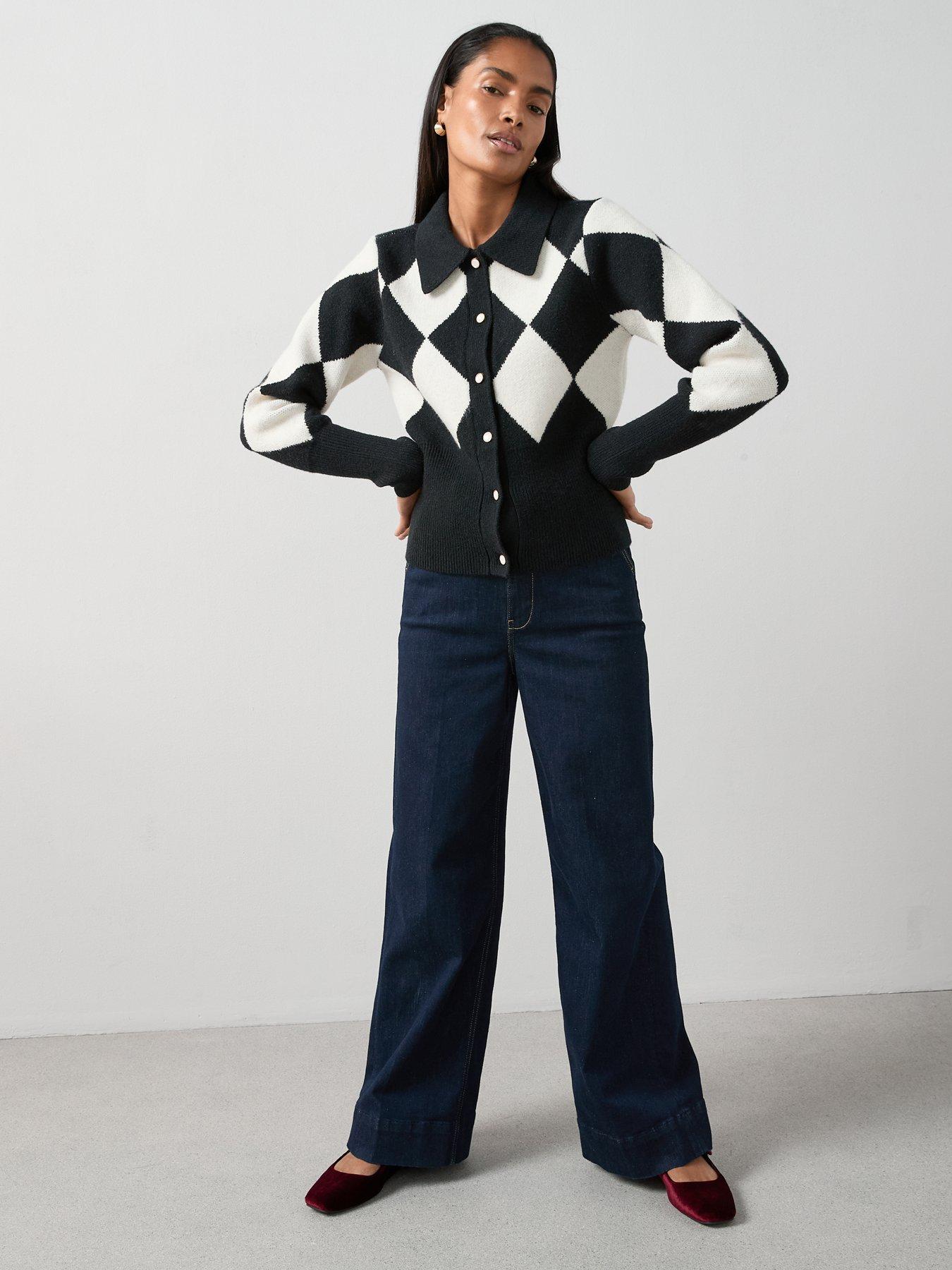 Image 3 of 6 of The Very Collection Collared Neck Argyle Cardigan - Black/Multi