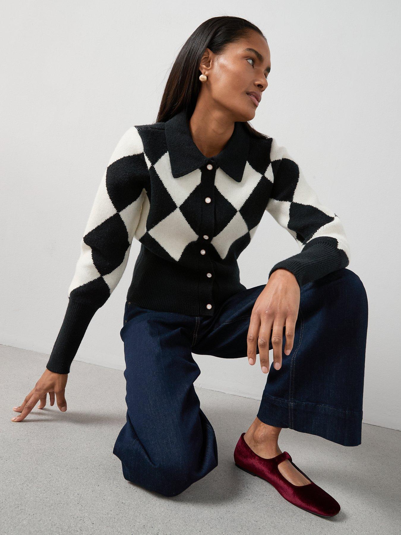 Image 4 of 6 of The Very Collection Collared Neck Argyle Cardigan - Black/Multi