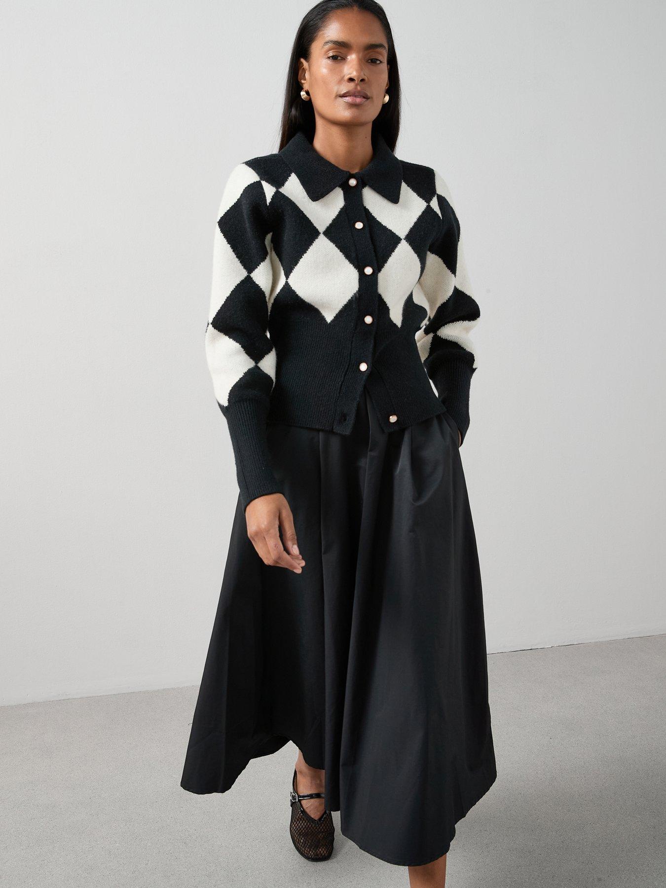 Image 6 of 6 of The Very Collection Collared Neck Argyle Cardigan - Black/Multi