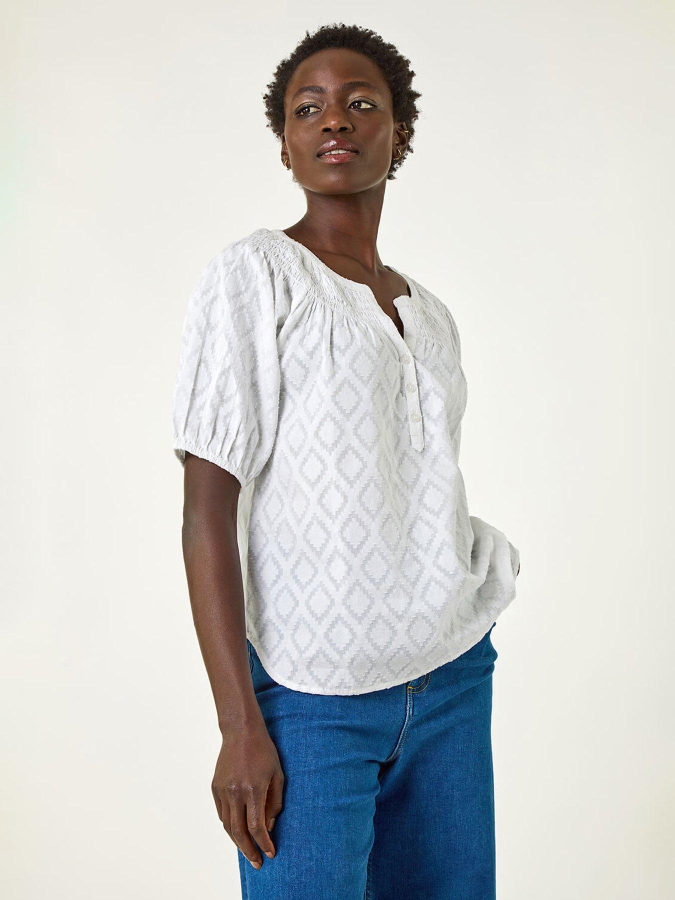 undefined Shirred Neck Textured Top -  White