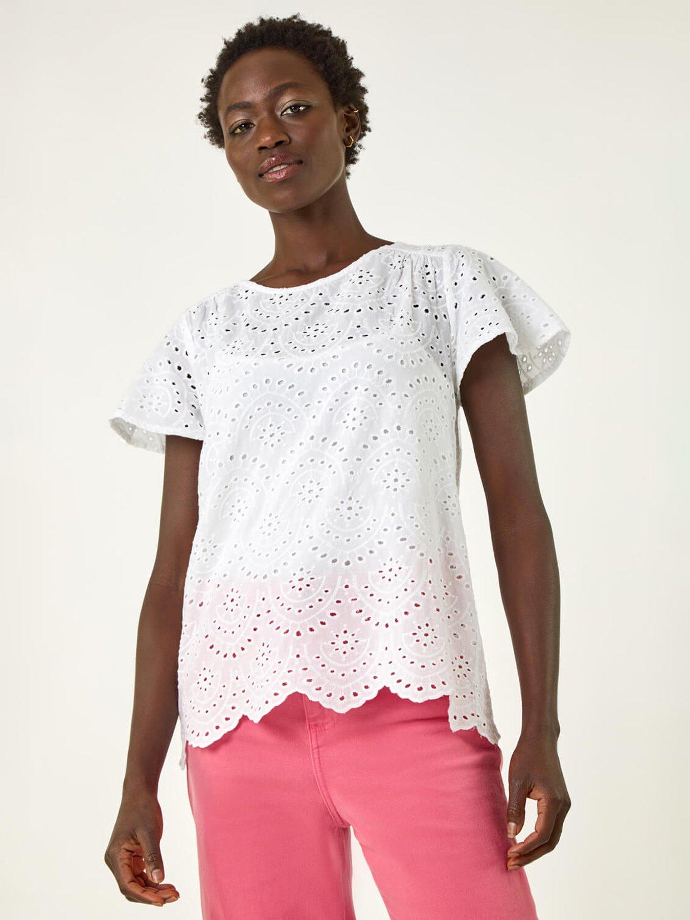 undefined Broderie Short Sleeve Top -  White