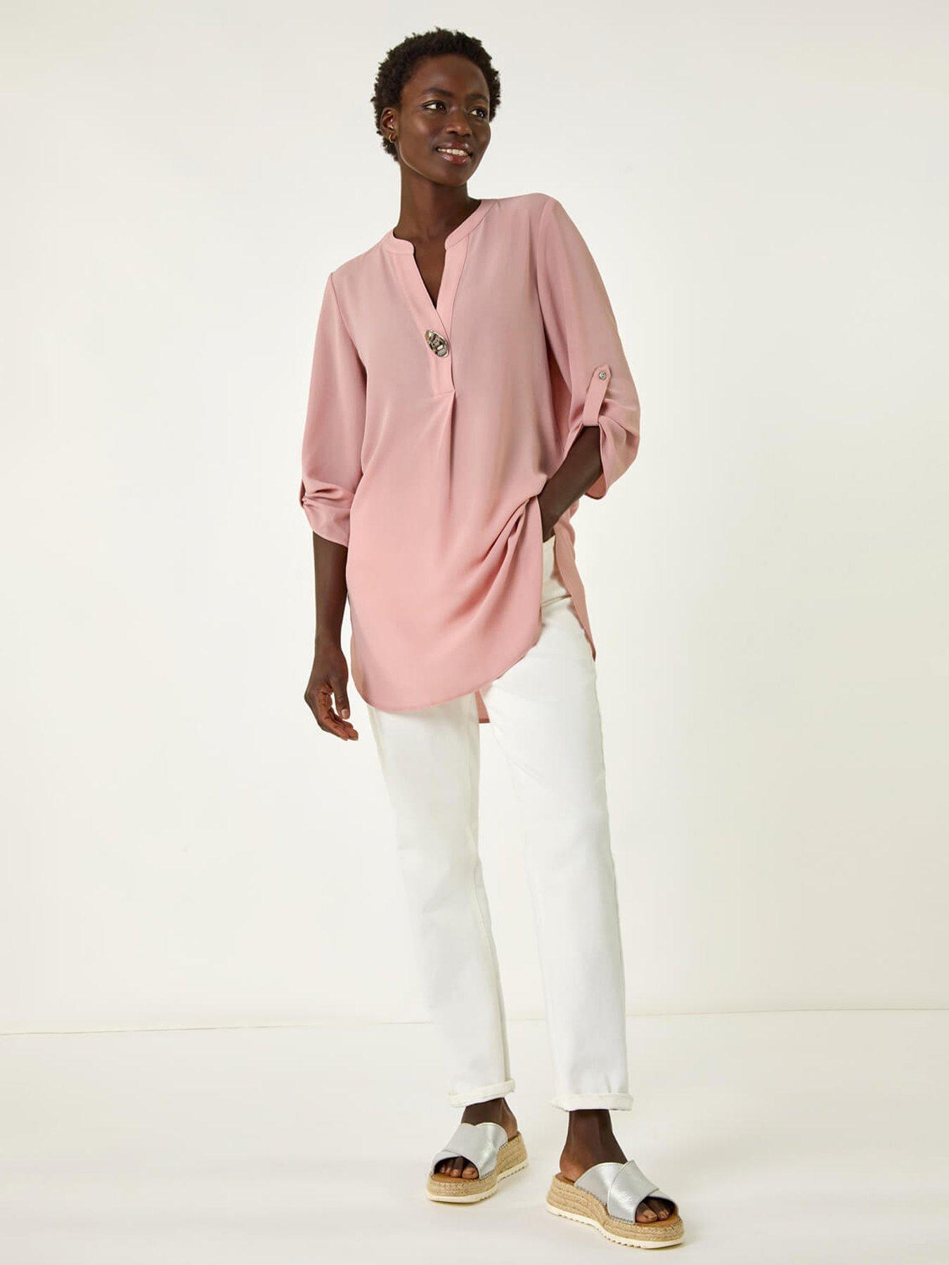 Image 3 of 5 of Roman Button Detail Longline Blouse -  Pink