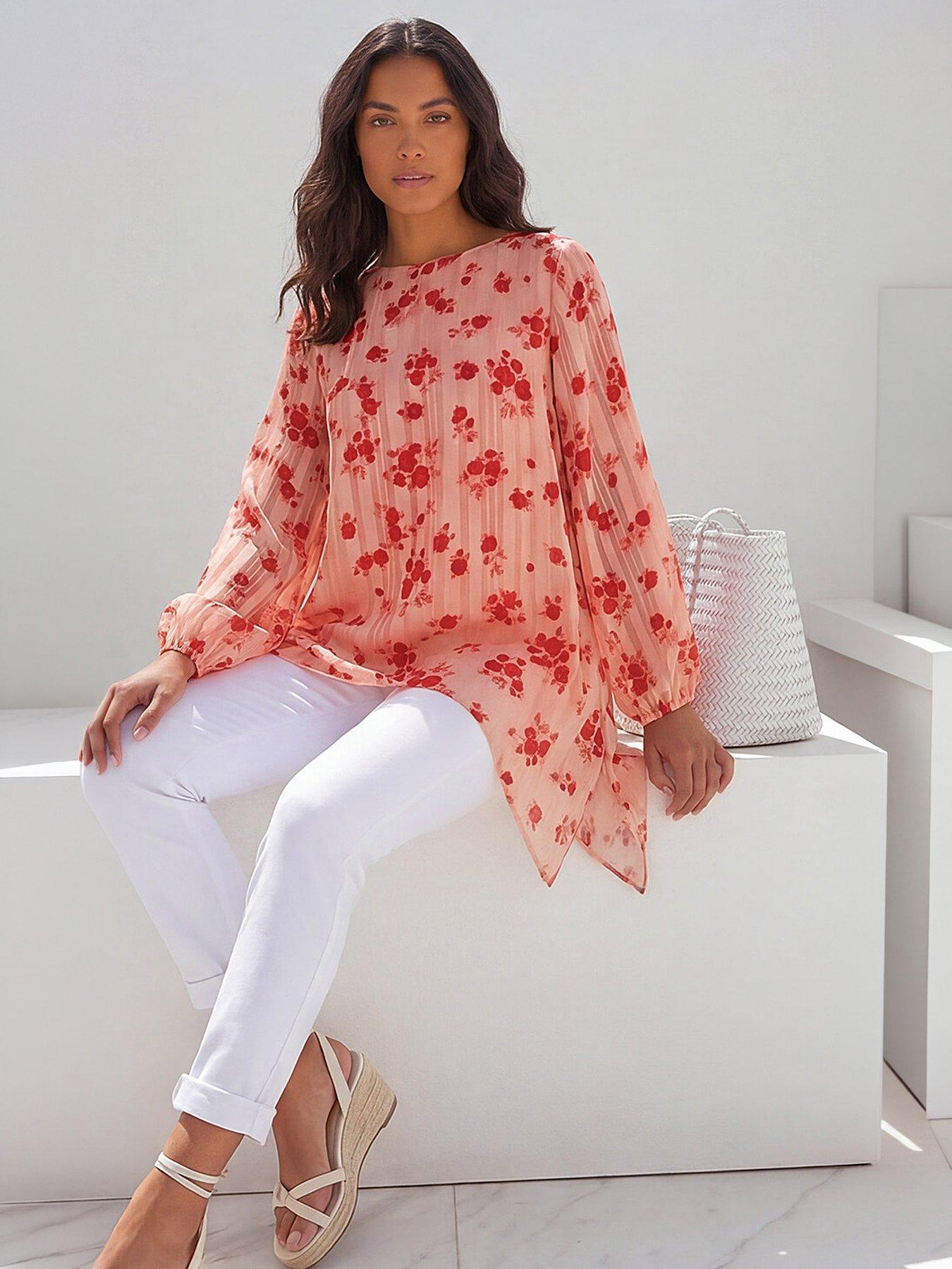 Image 1 of 5 of Roman Rose Print Metallic Tunic Top - Pink