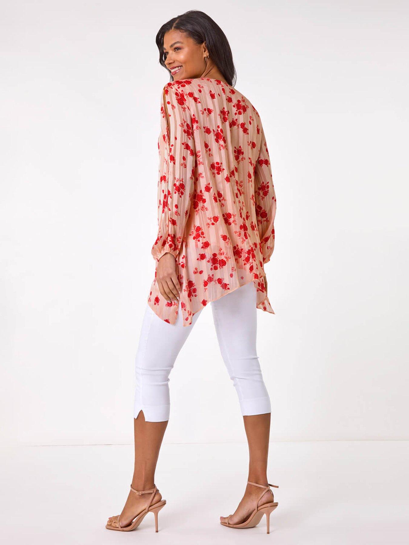 Image 2 of 5 of Roman Rose Print Metallic Tunic Top - Pink
