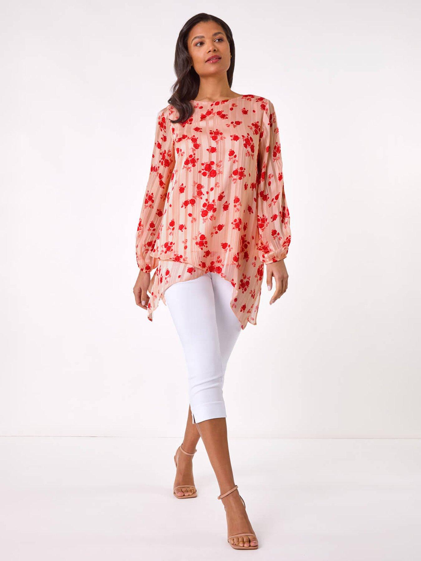 Image 3 of 5 of Roman Rose Print Metallic Tunic Top - Pink
