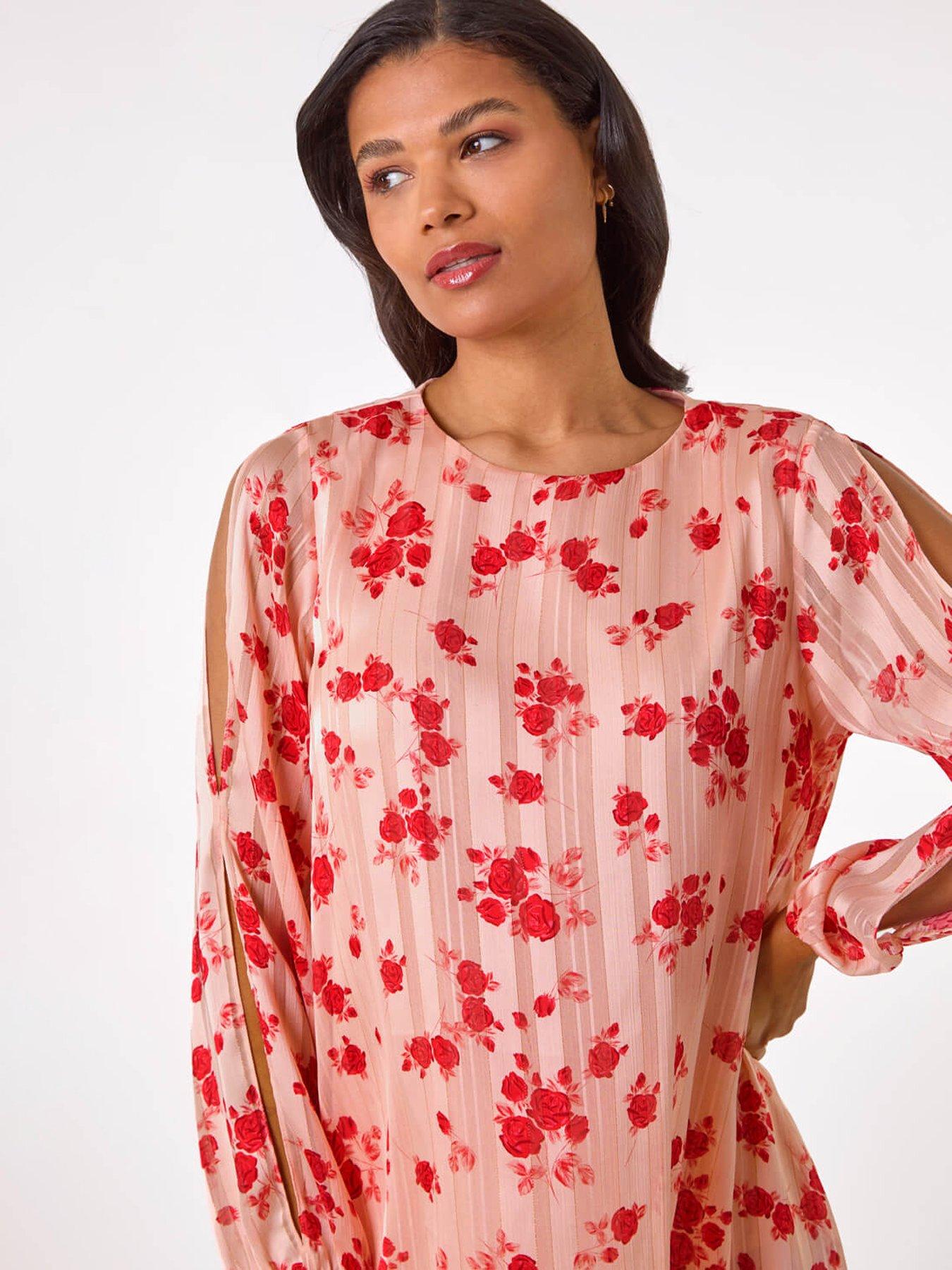 Image 4 of 5 of Roman Rose Print Metallic Tunic Top - Pink