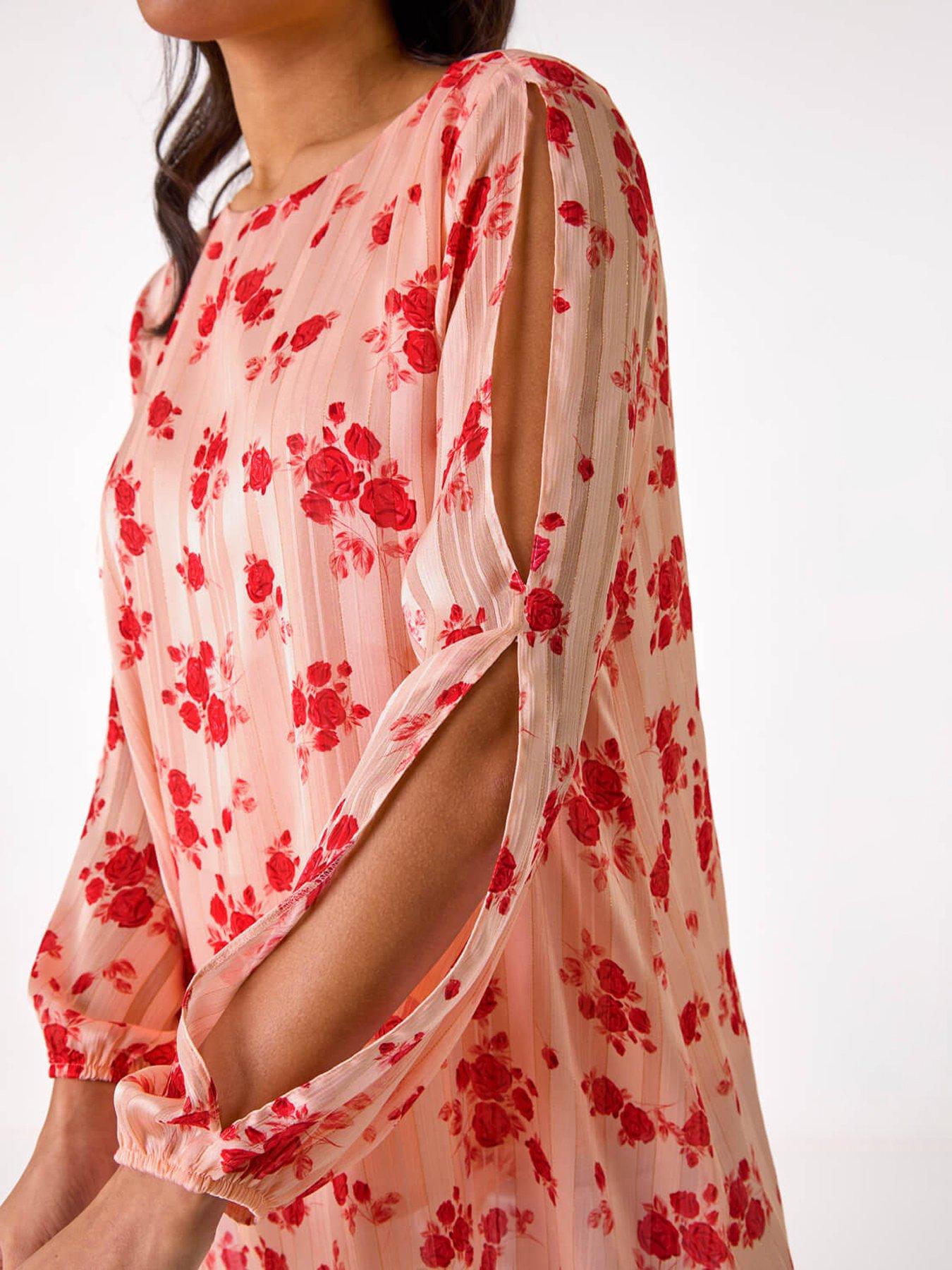 Image 5 of 5 of Roman Rose Print Metallic Tunic Top - Pink