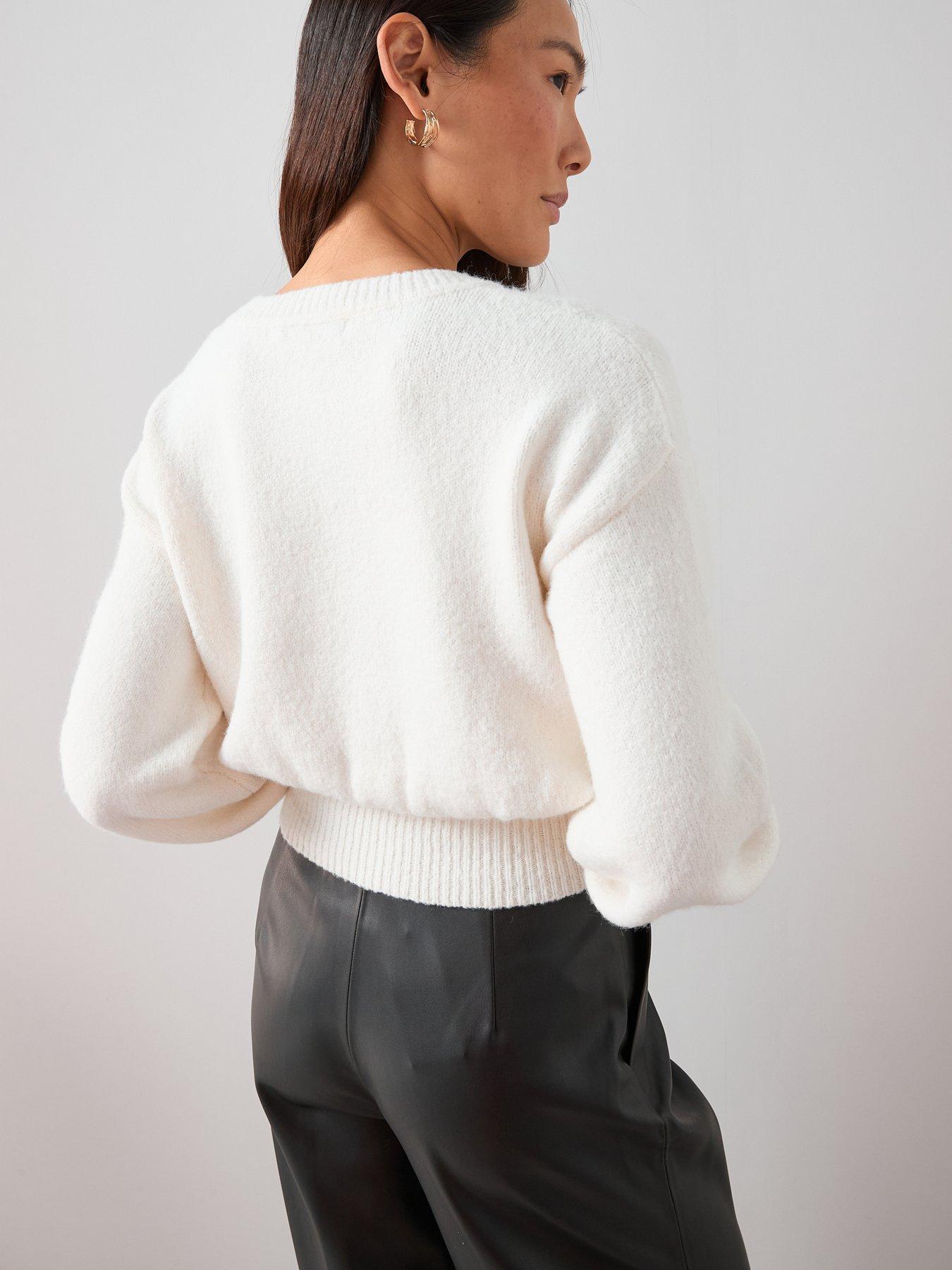  image of the-very-collection-crew-neck-sinched-waist-flower-tape-short-jumper-ivory
