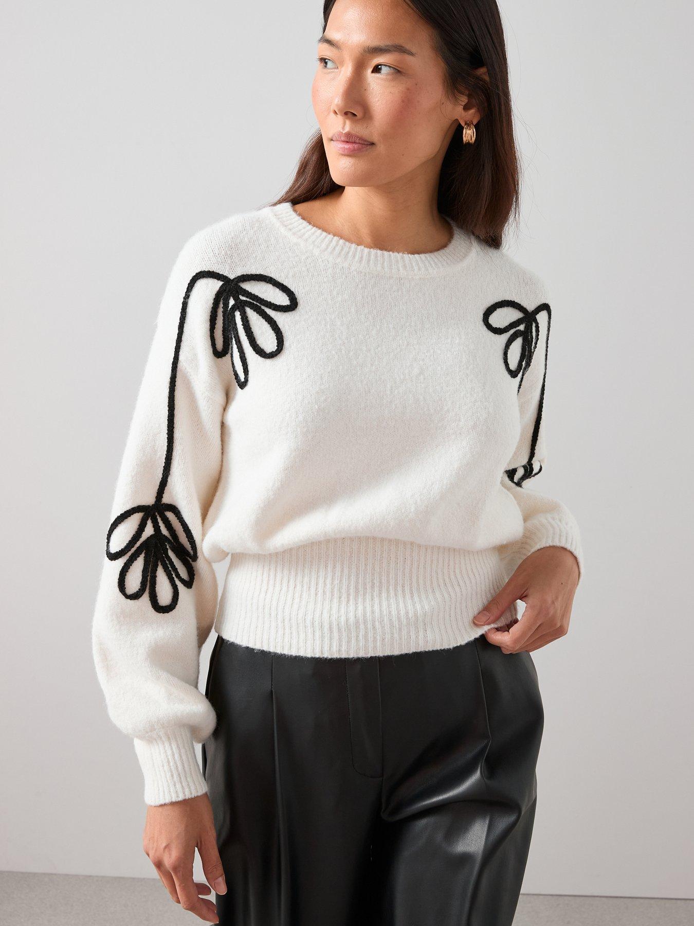  image of the-very-collection-crew-neck-sinched-waist-flower-tape-short-jumper-ivory